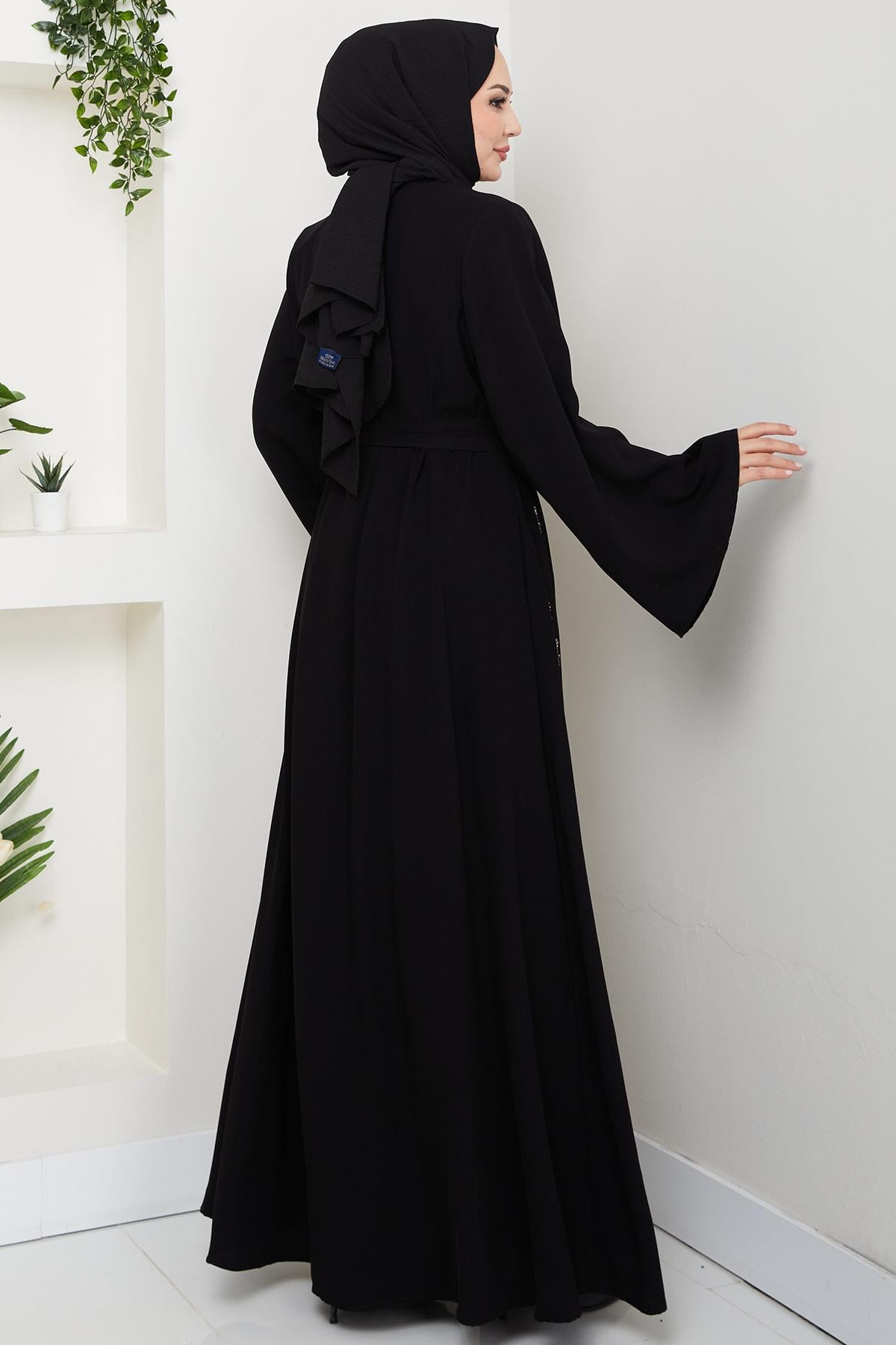 Kuşaklı Çiçek Taşlı Ferace Siyah HM2853