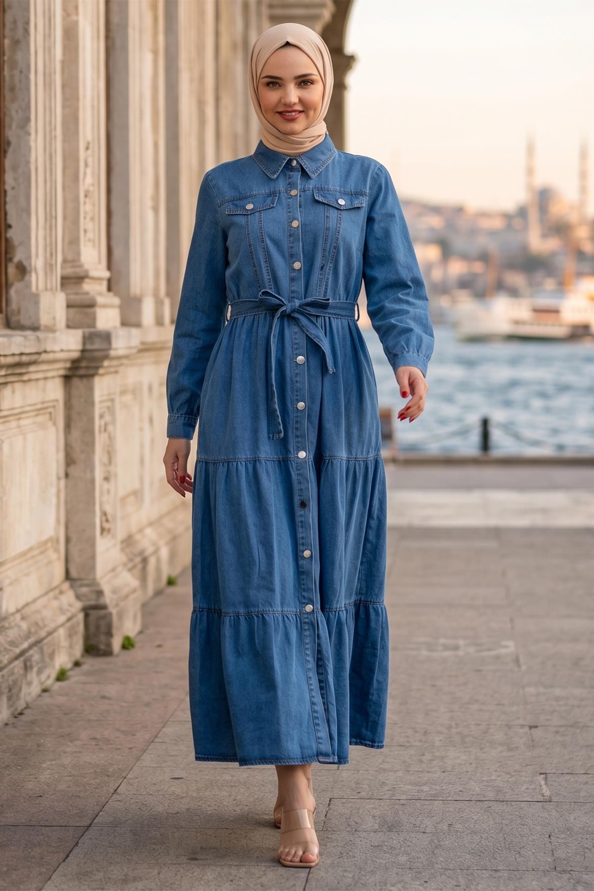 Kuşaklı Düğmeli Kot Elbise HM262764 Açık Mavi