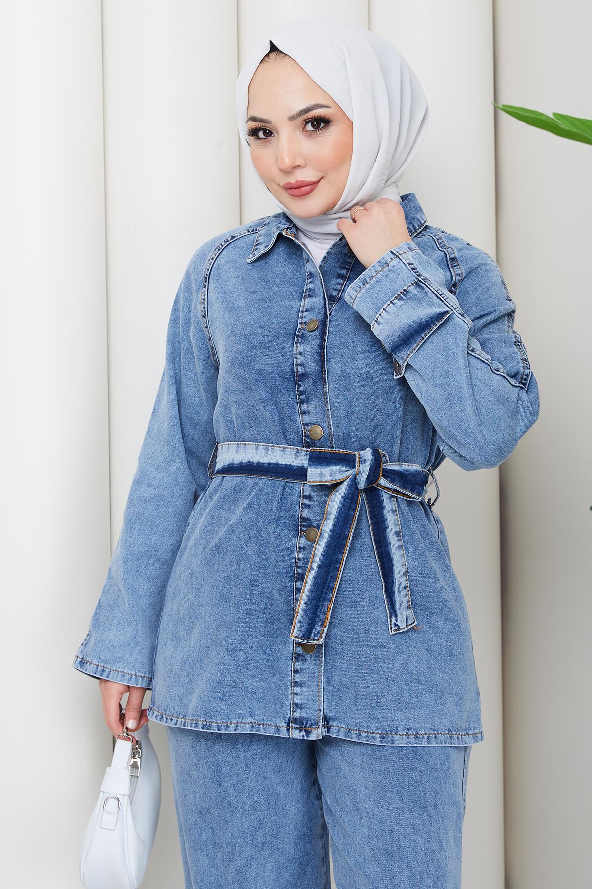 Kuşaklı Düğmeli Pantolonlu Kot Takım HM2876 Açık Mavi
