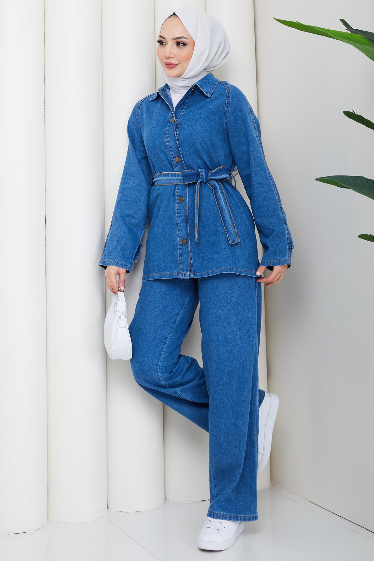 Kuşaklı Düğmeli Pantolonlu Kot Takım HM2876 Mavi