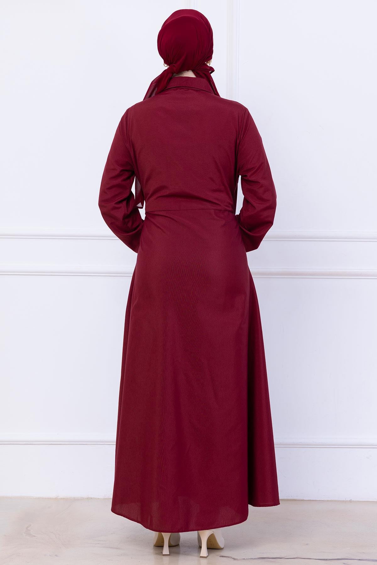 Kuşaklı Mevlana Elbise Bordo HM2105