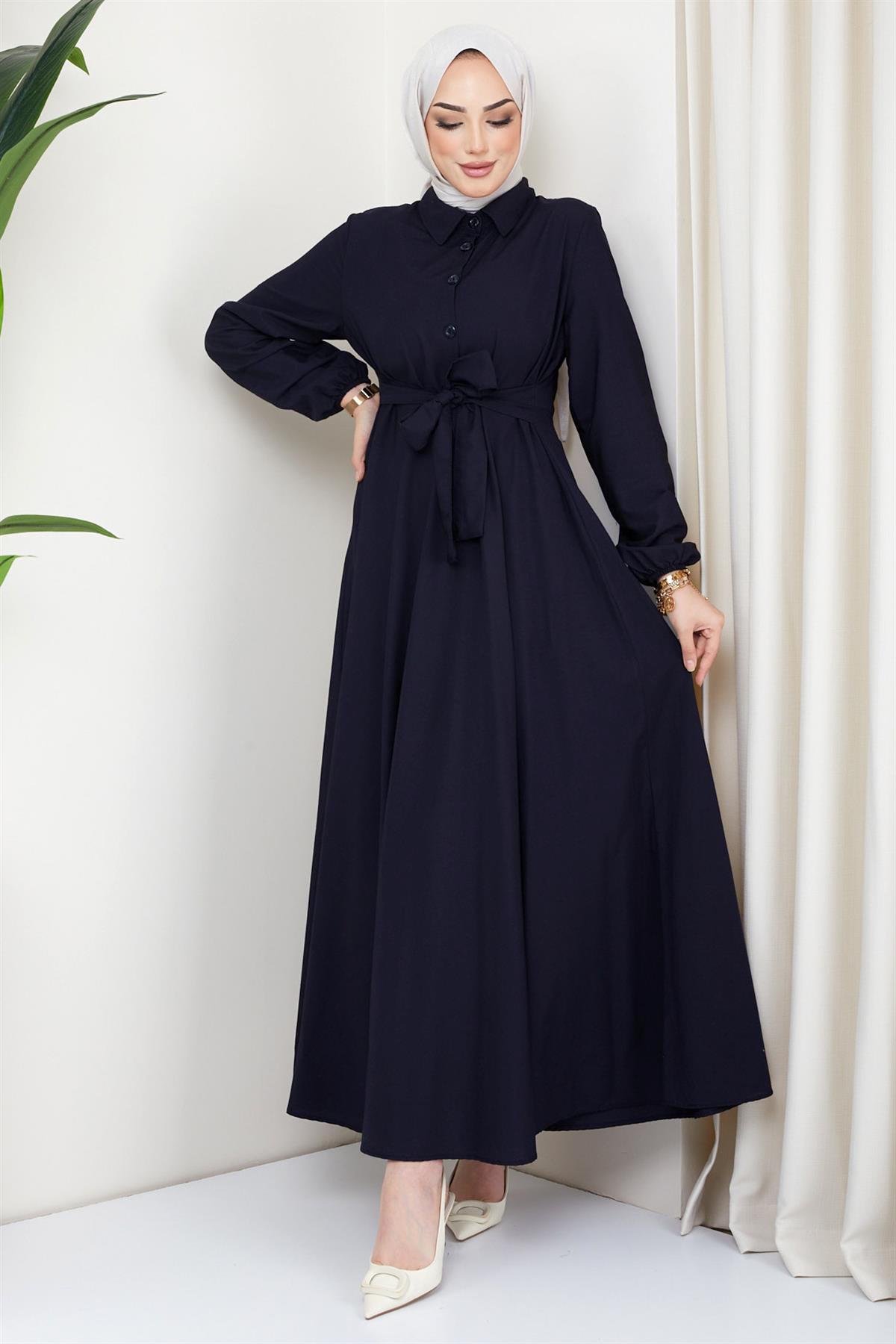 Kuşaklı Mevlana Elbise Lacivert HM2105