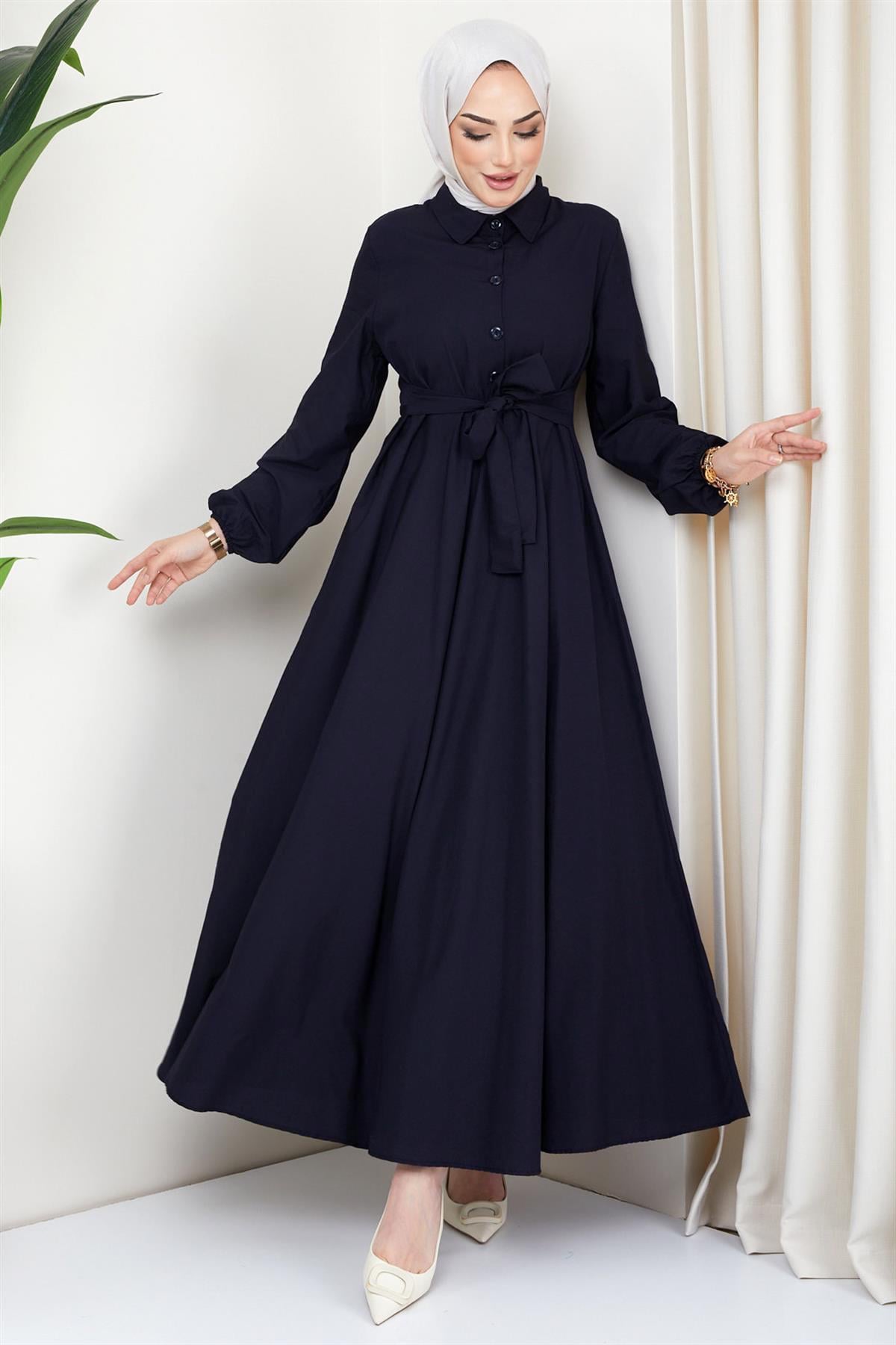 Kuşaklı Mevlana Elbise Lacivert HM2105