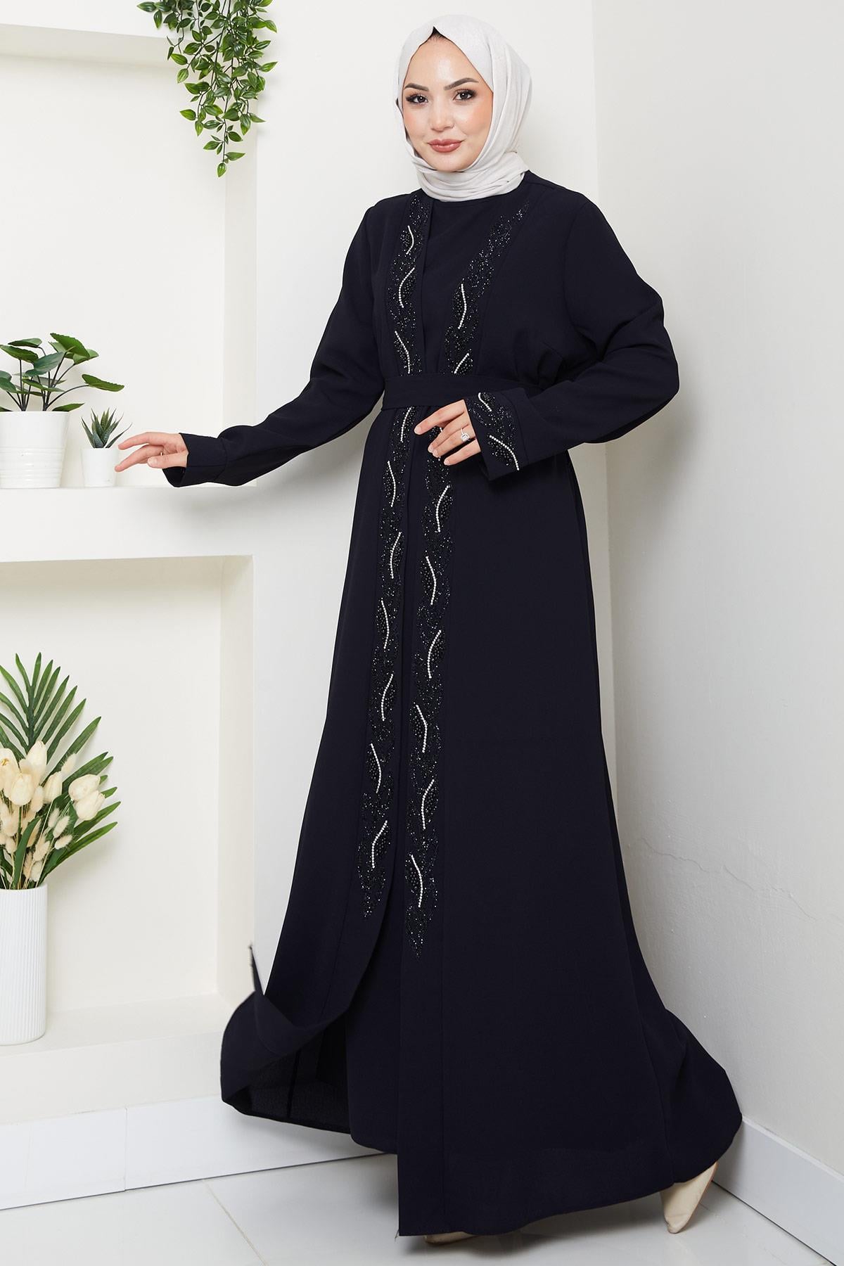 Kuşaklı Taş Detaylı Abaya Lacivert HM2803