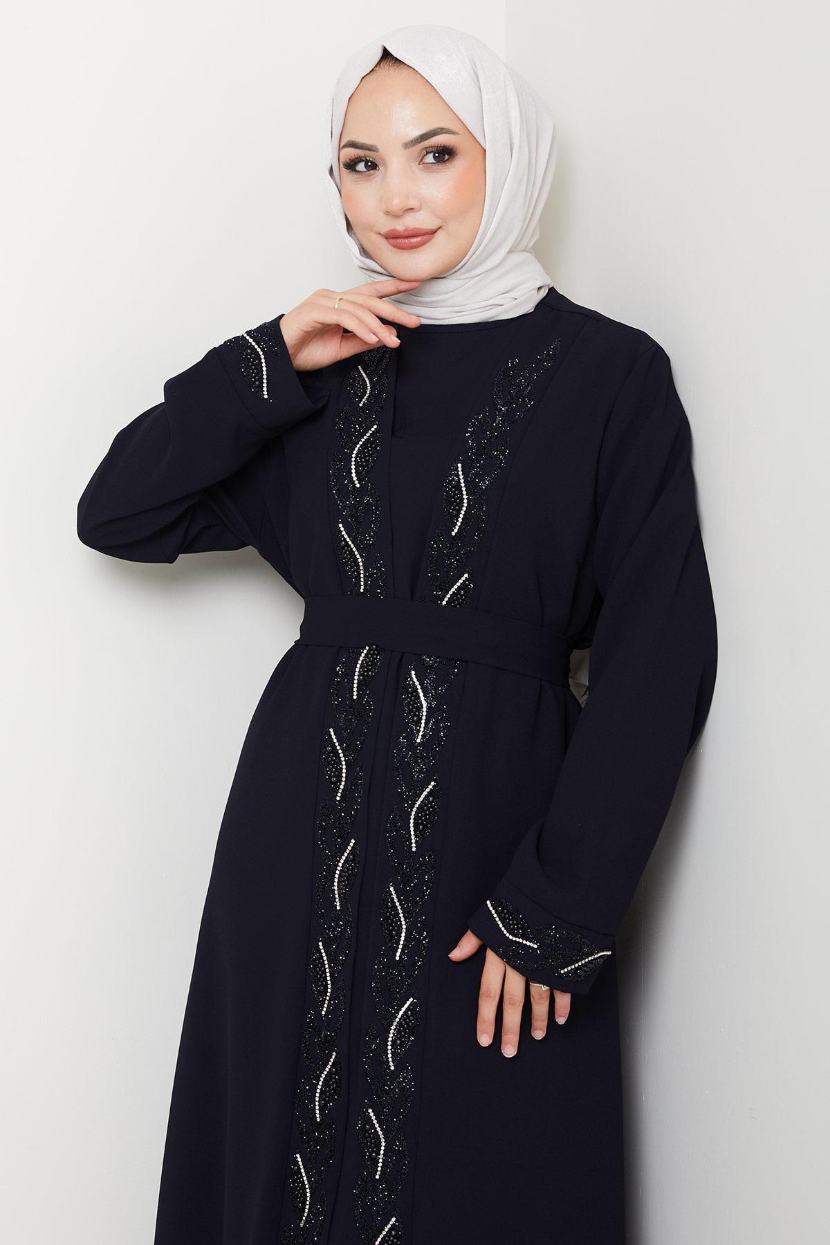 Kuşaklı Taş Detaylı Abaya Lacivert HM2803