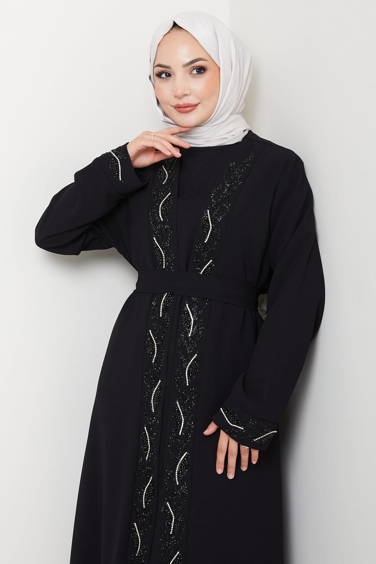 Kuşaklı Taş Detaylı Abaya Siyah HM2803