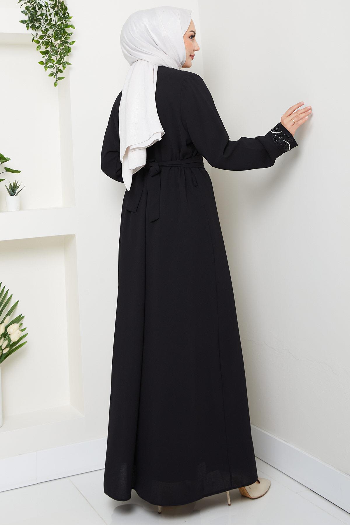 Kuşaklı Taş Detaylı Abaya Siyah HM2803