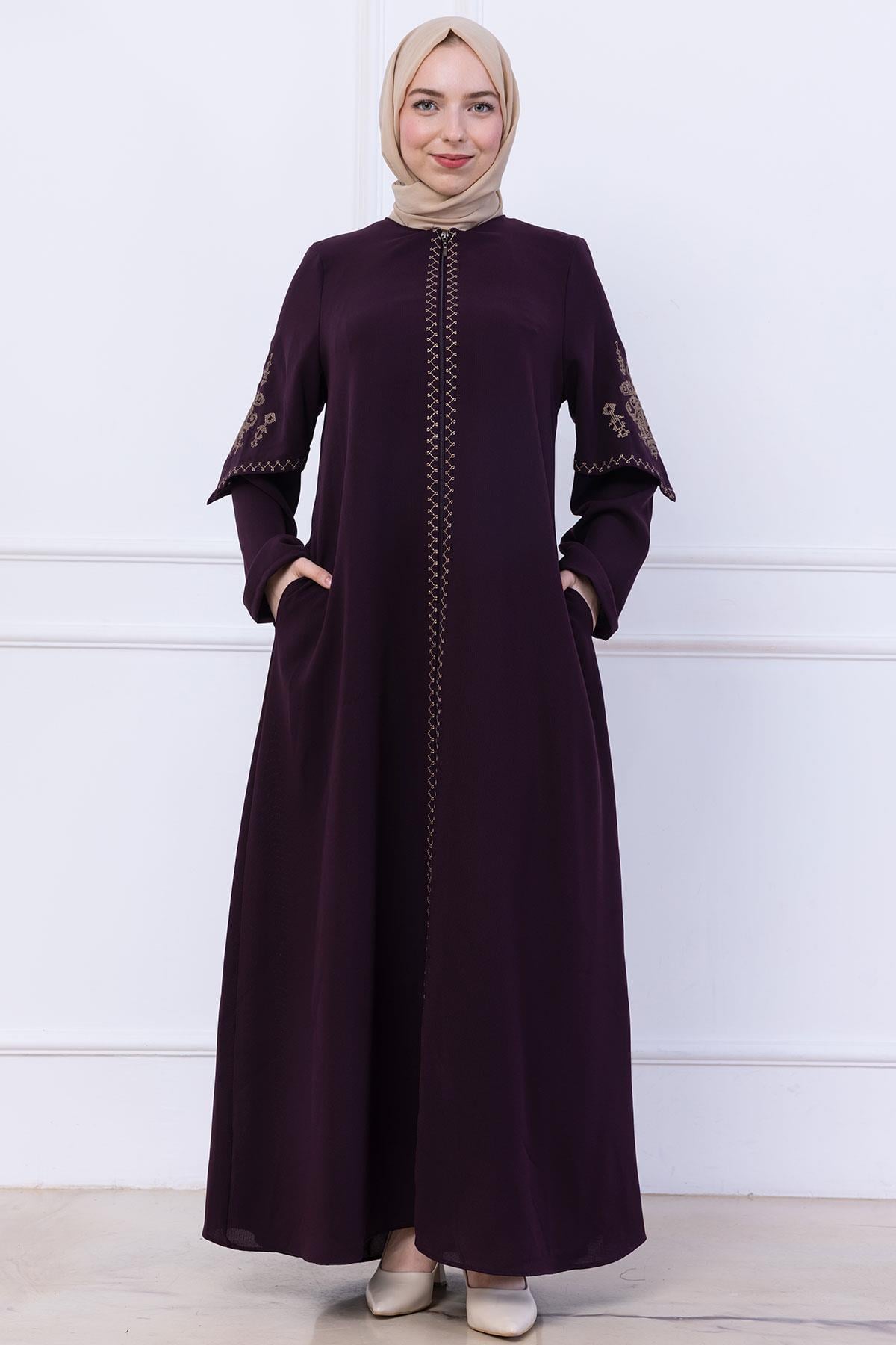 Nakış Detaylı Ferace Mürdüm HM2733