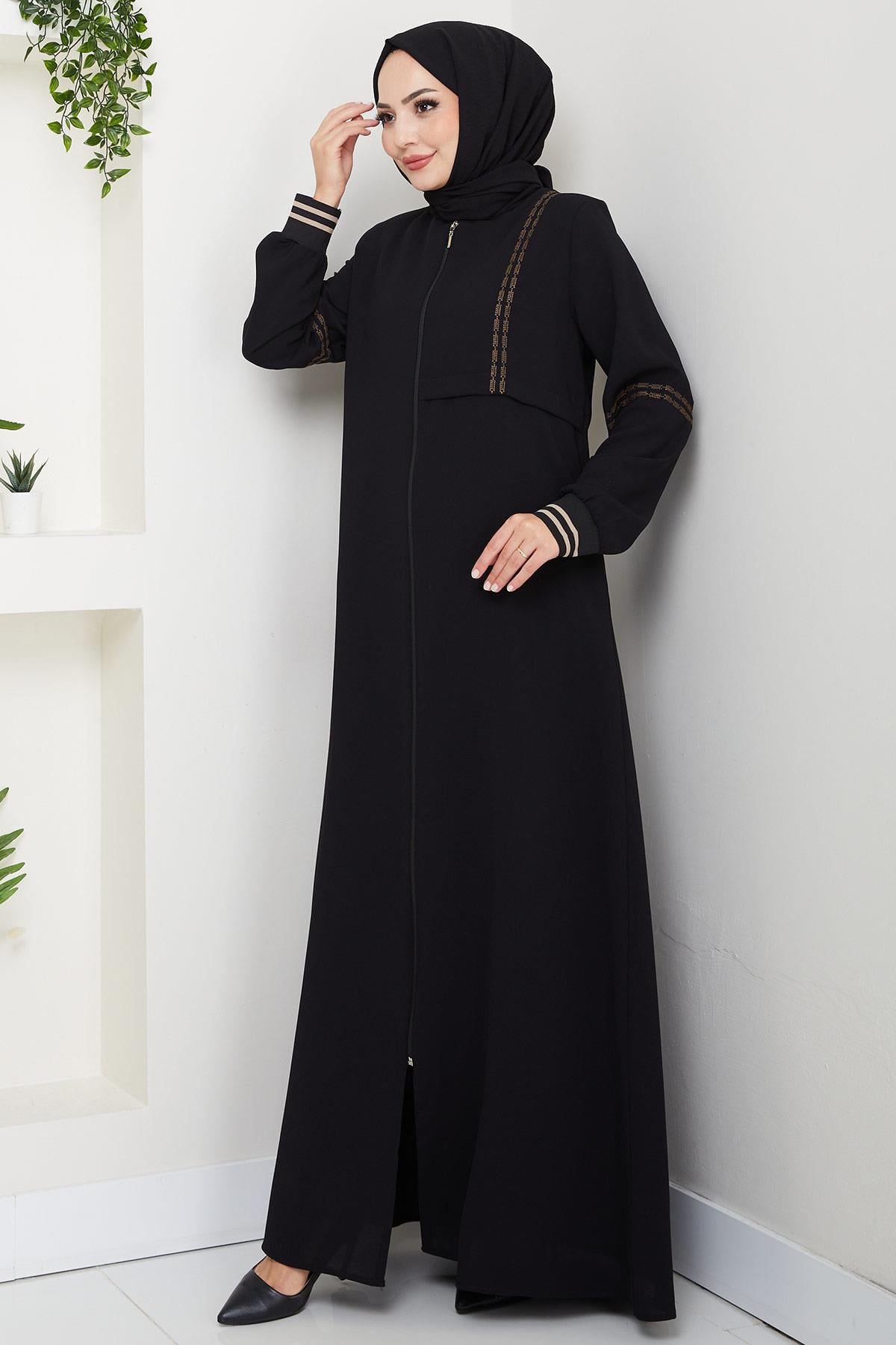 Nakışlı Ribanalı Ferace Siyah HM2857