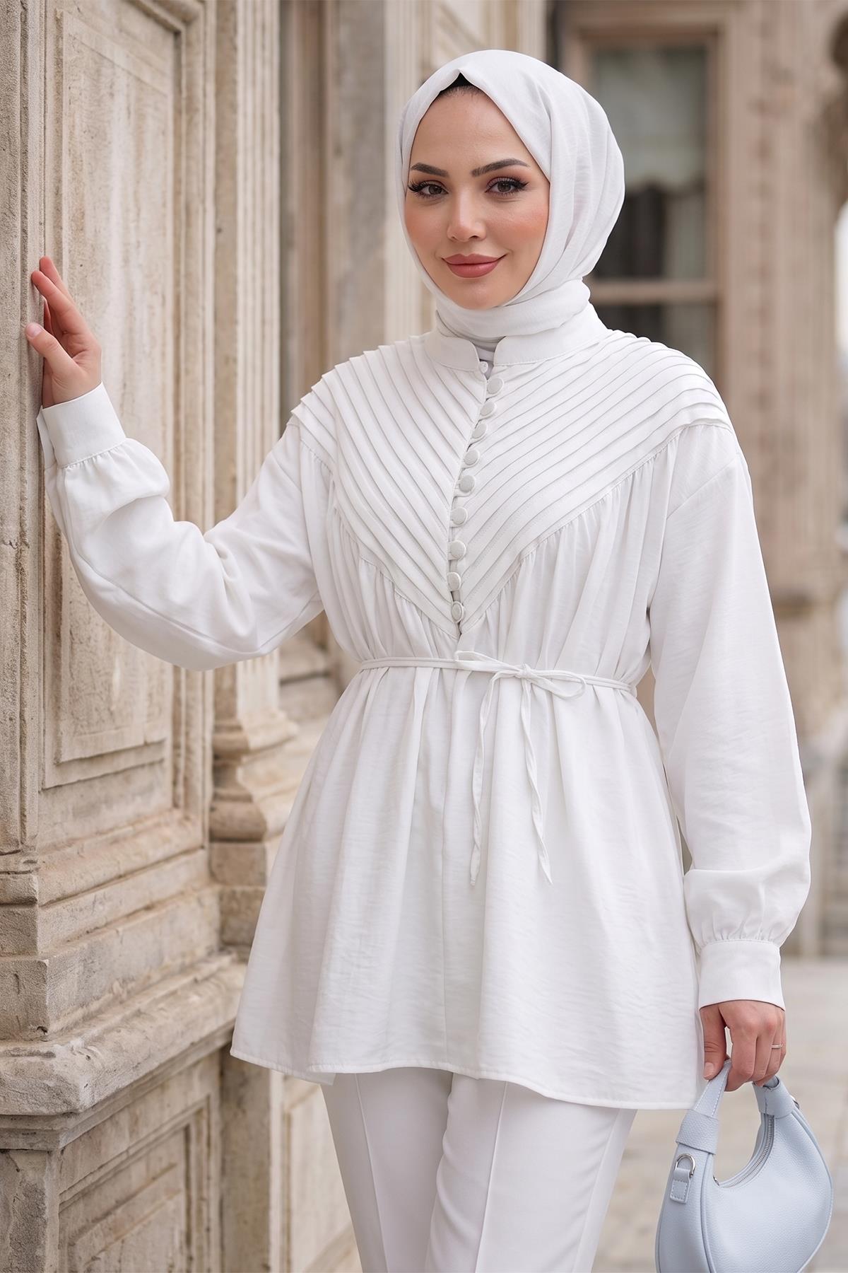 Nervürlü Yarım Pat Düğmeli Tunik Beyaz HM2886
