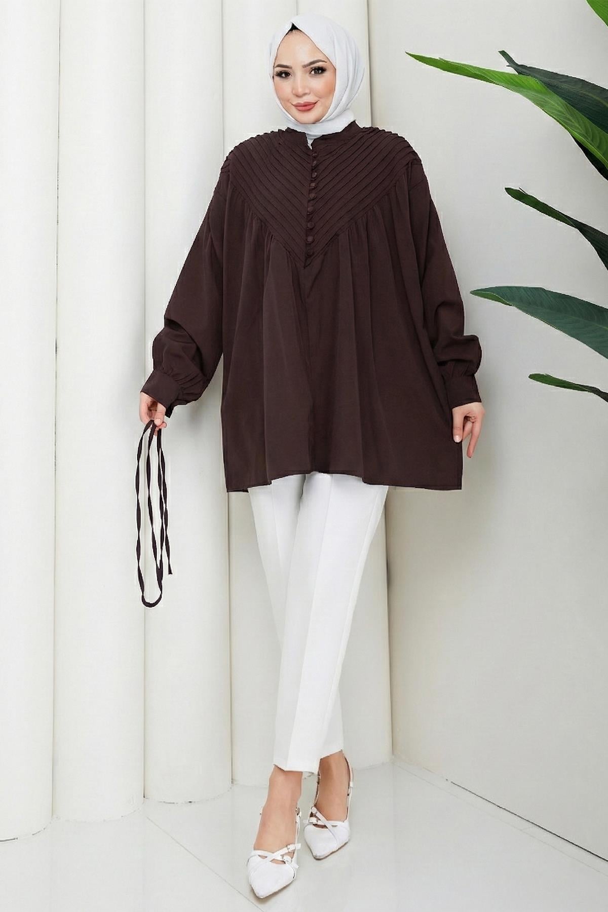 Nervürlü Yarım Pat Düğmeli Tunik Kahverengi HM2886