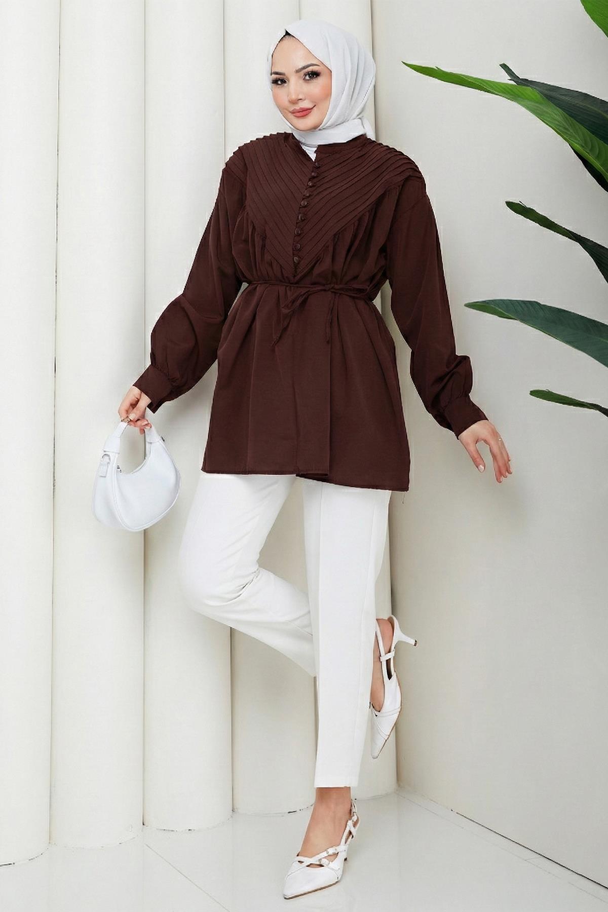 Nervürlü Yarım Pat Düğmeli Tunik Kahverengi HM2886