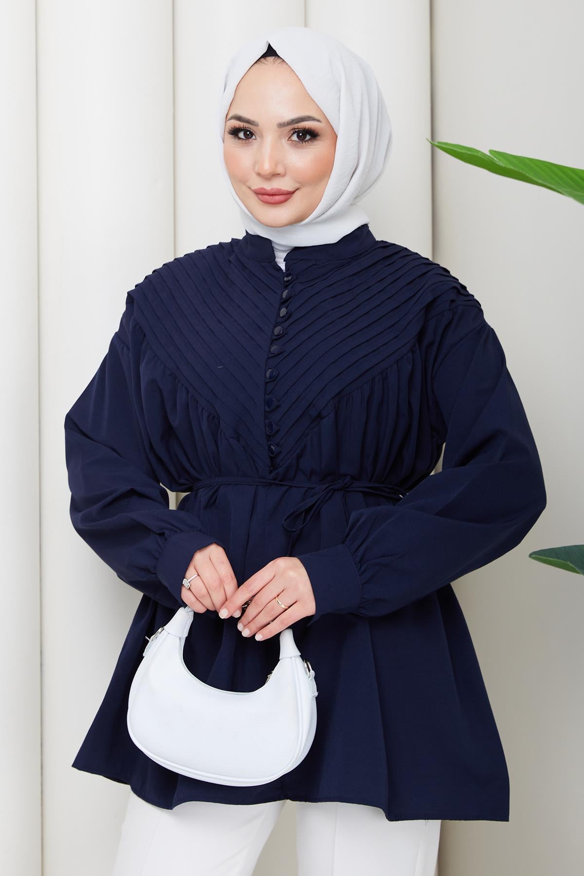 Nervürlü Yarım Pat Düğmeli Tunik Lacivert HM2886
