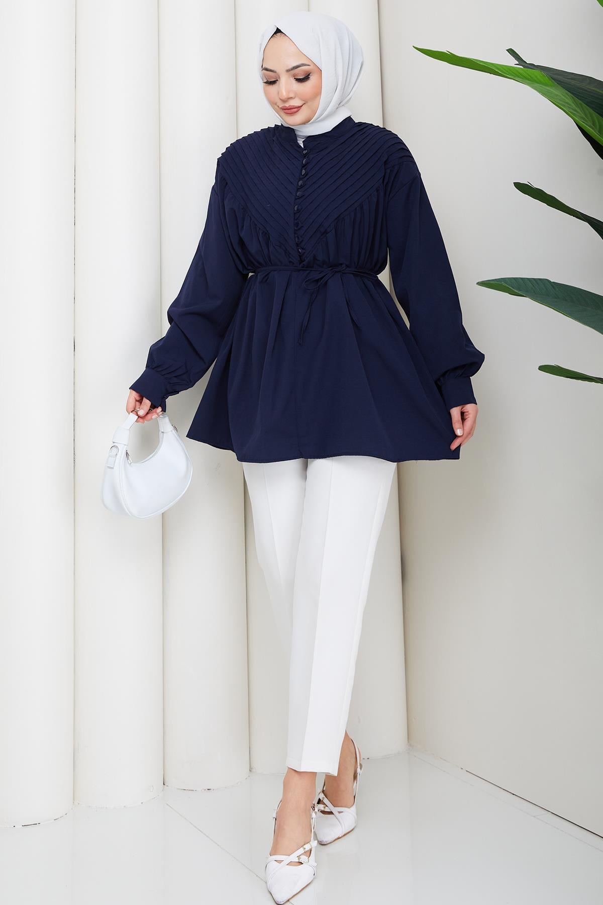 Nervürlü Yarım Pat Düğmeli Tunik Lacivert HM2886