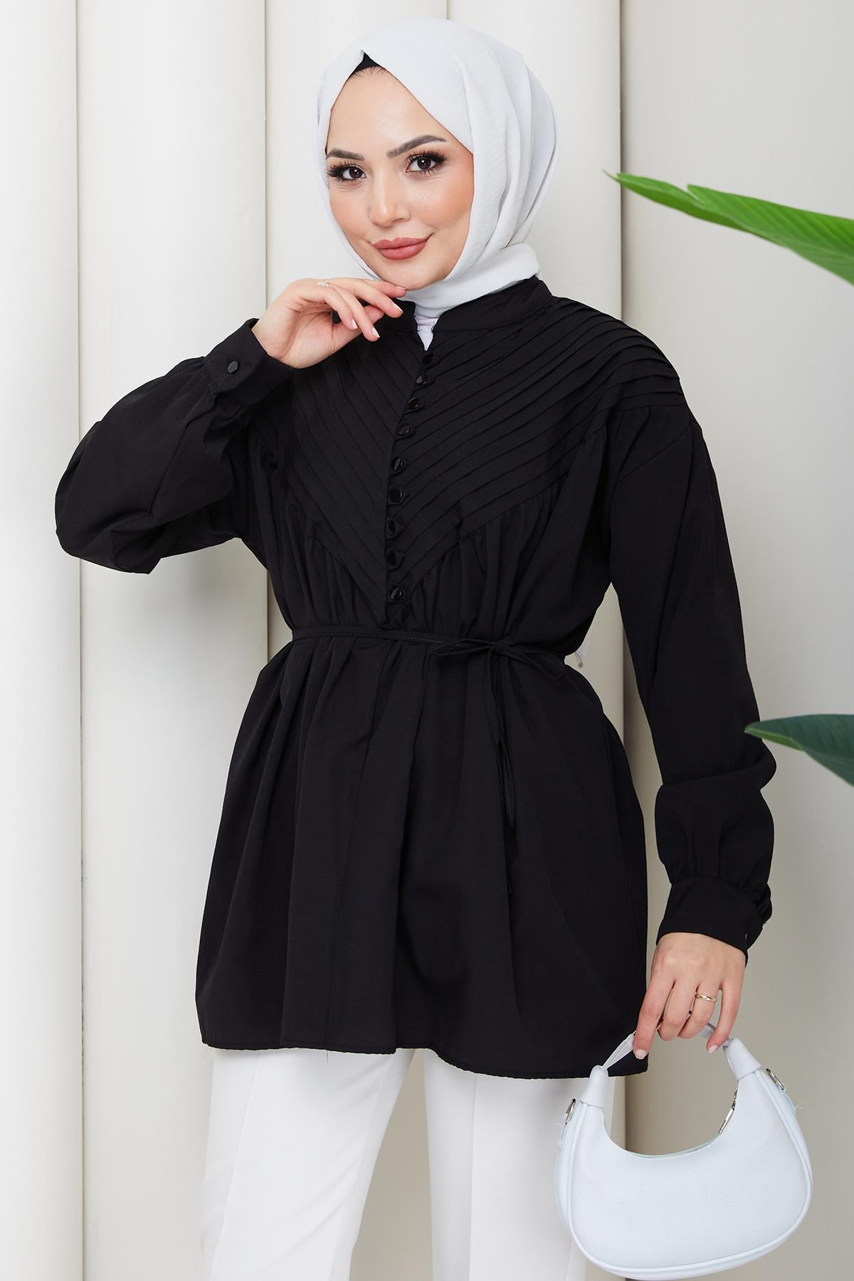 Nervürlü Yarım Pat Düğmeli Tunik Siyah HM2886