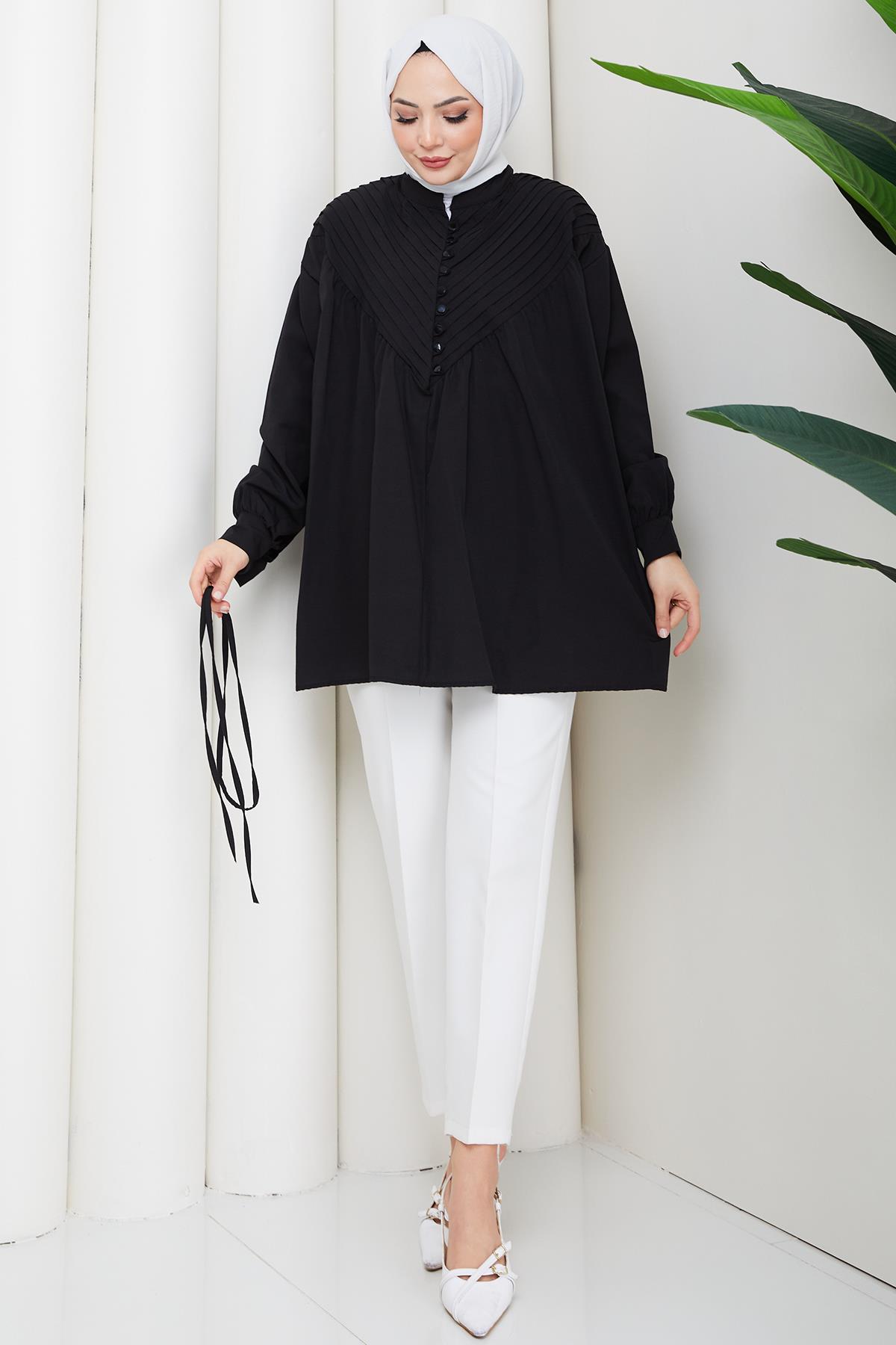 Nervürlü Yarım Pat Düğmeli Tunik Siyah HM2886
