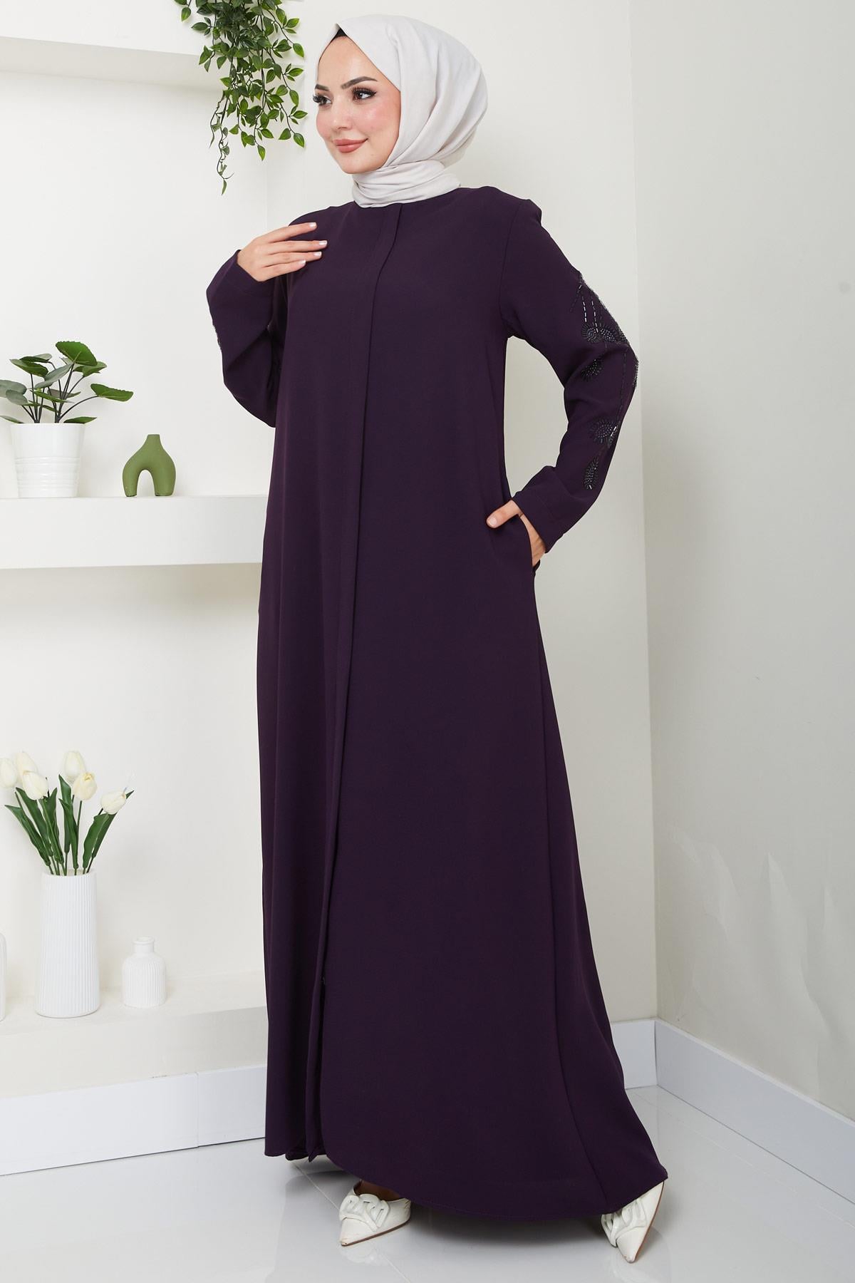Nihan Kolları Taşlı Ferace Mürdüm HM2485