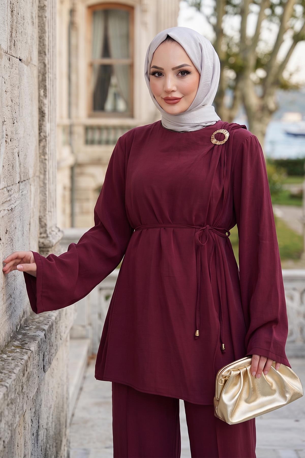 Omuzdan Toka Detaylı Modal Takım Bordo HM2919