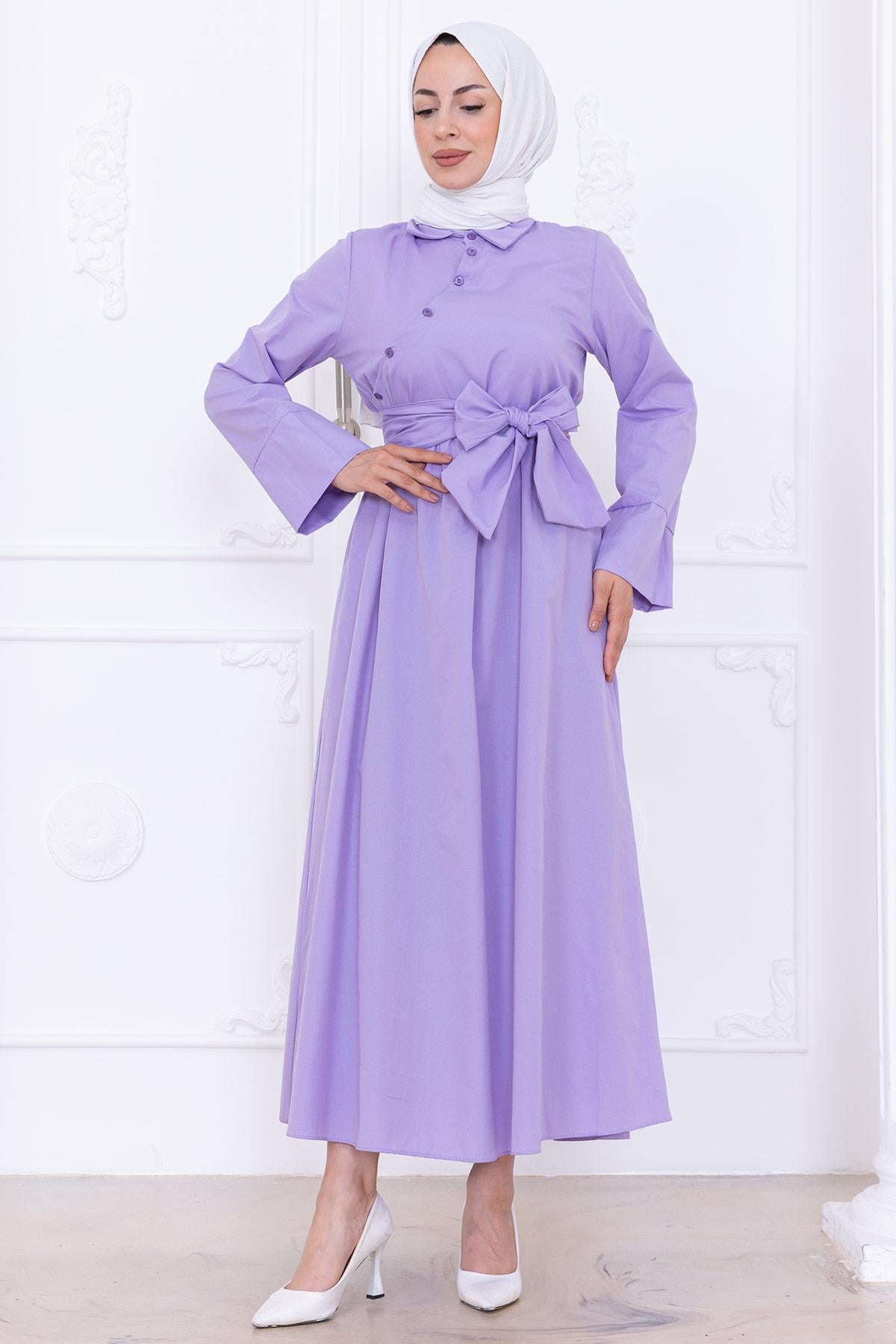 Önden Çapraz Düğmeli Kuşaklı Elbise Lila HM2755