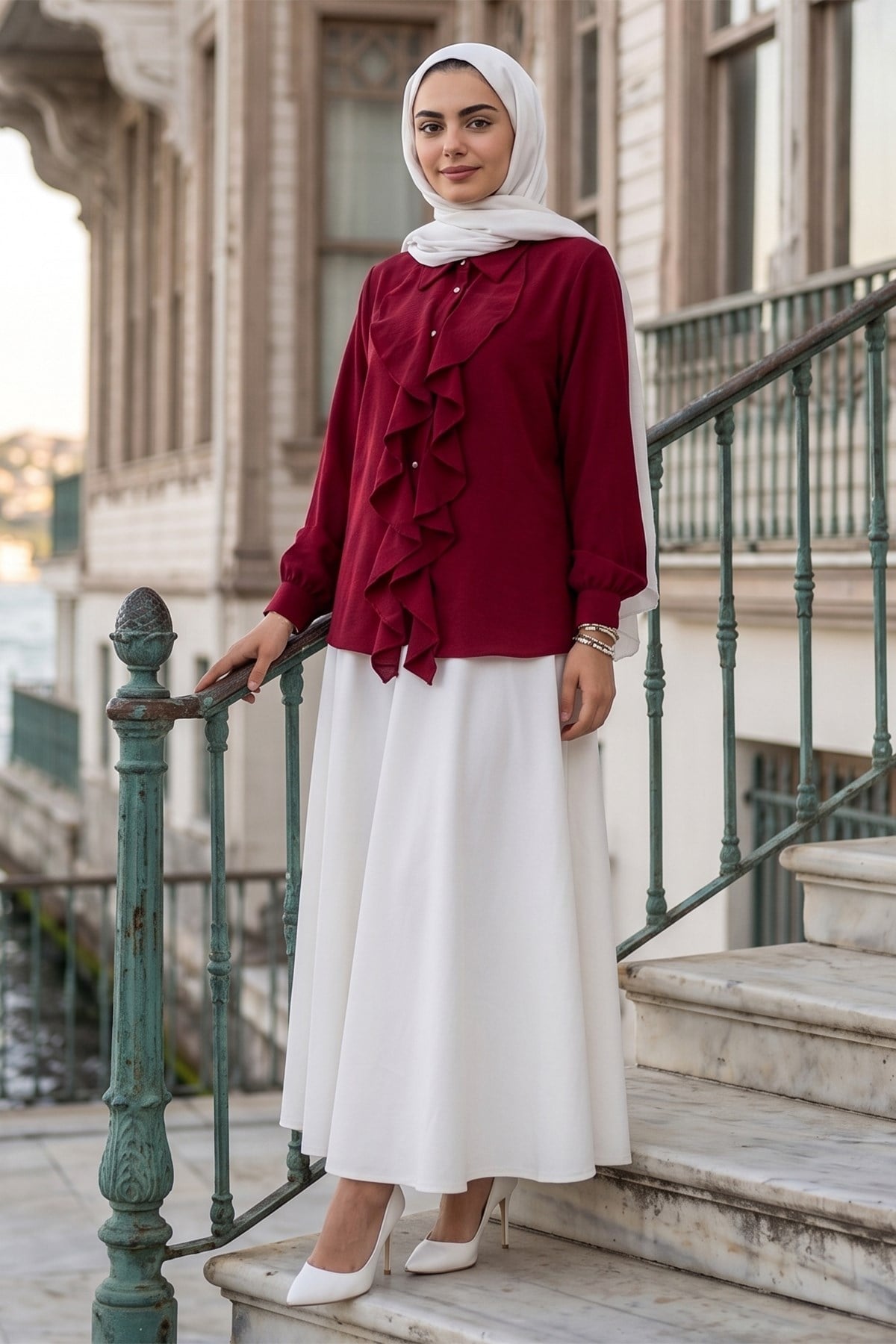 Önü Fırfırlı Gömlek Bordo HM2949