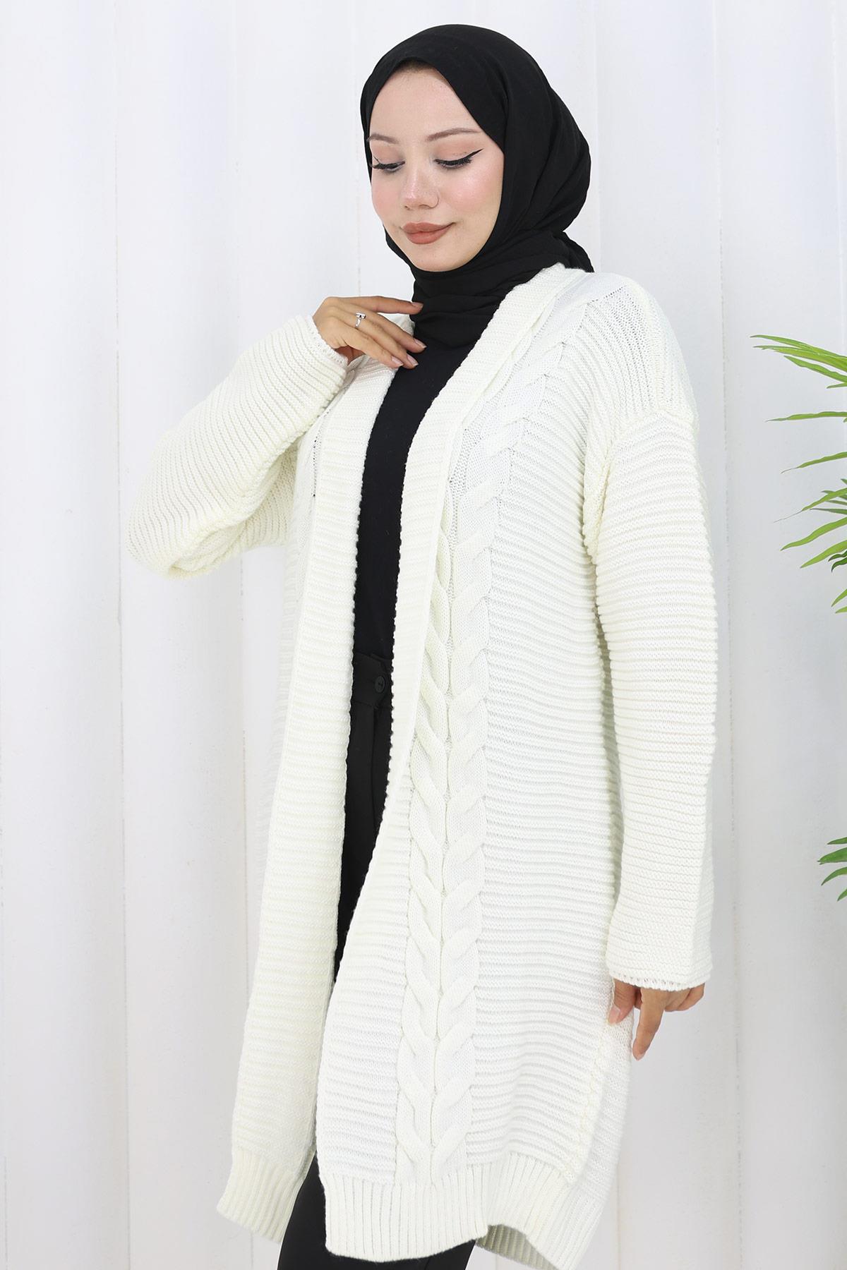 Örgü Desen Araboy Triko Hırka Beyaz HM2837