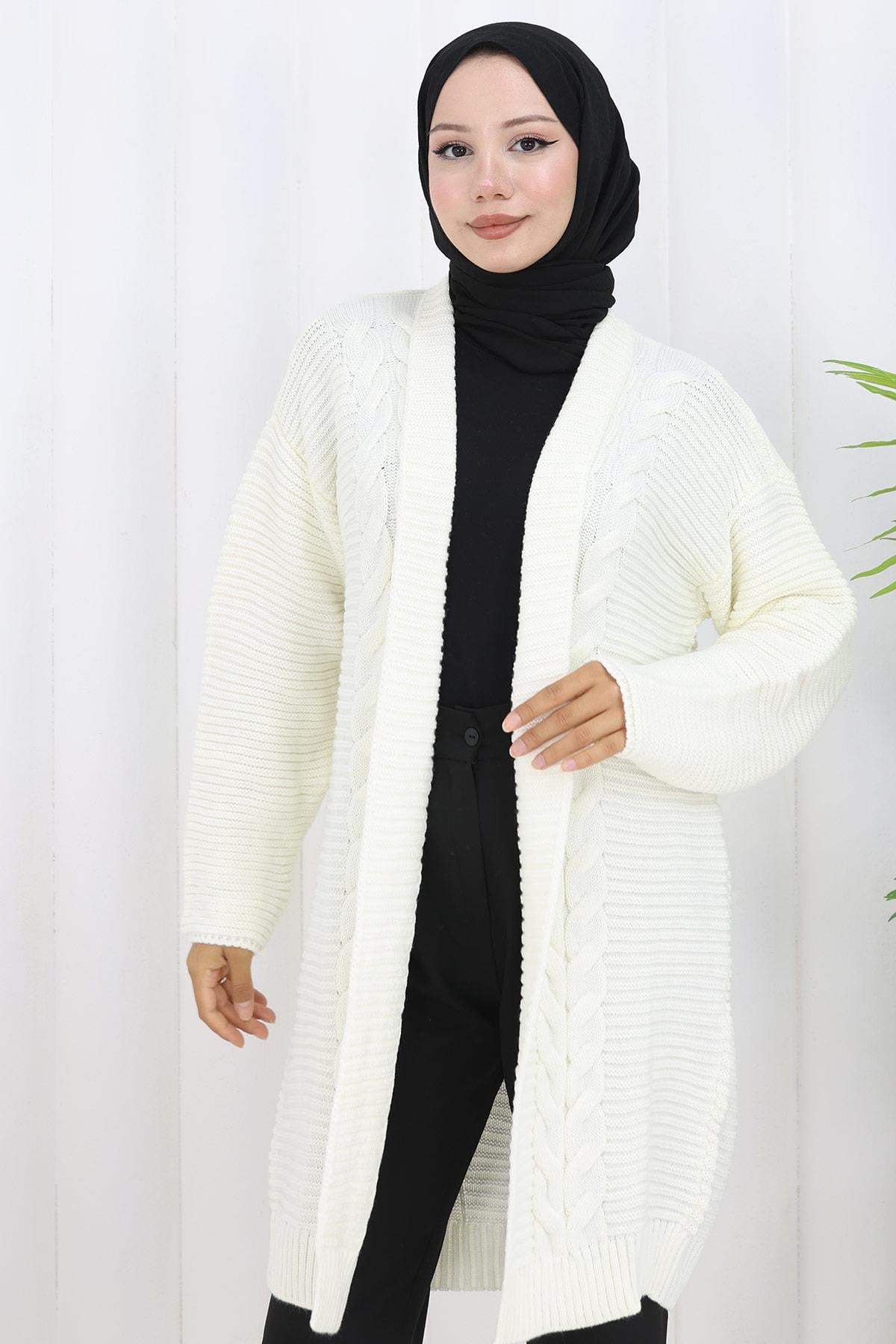 Örgü Desen Araboy Triko Hırka Beyaz HM2837