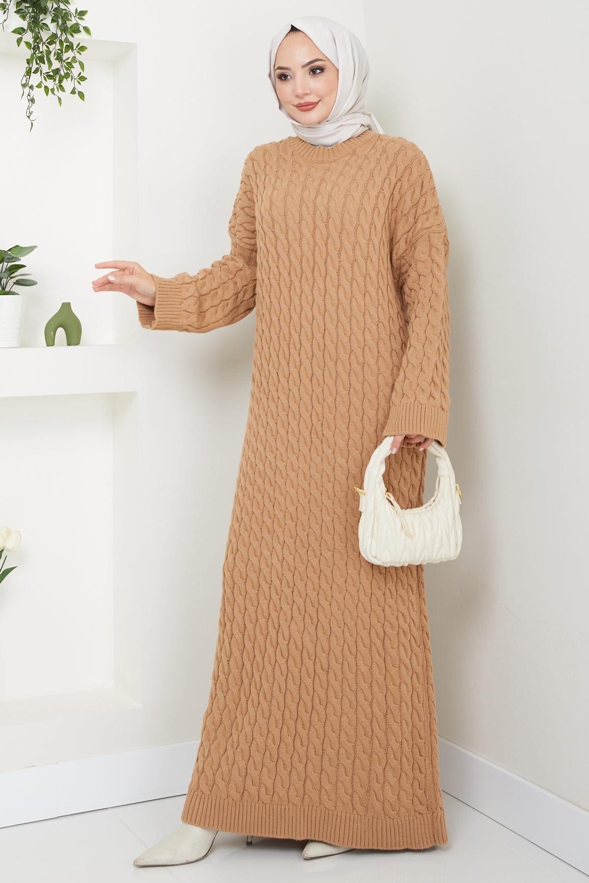 Örgü Desen Triko Elbise Camel HM2526