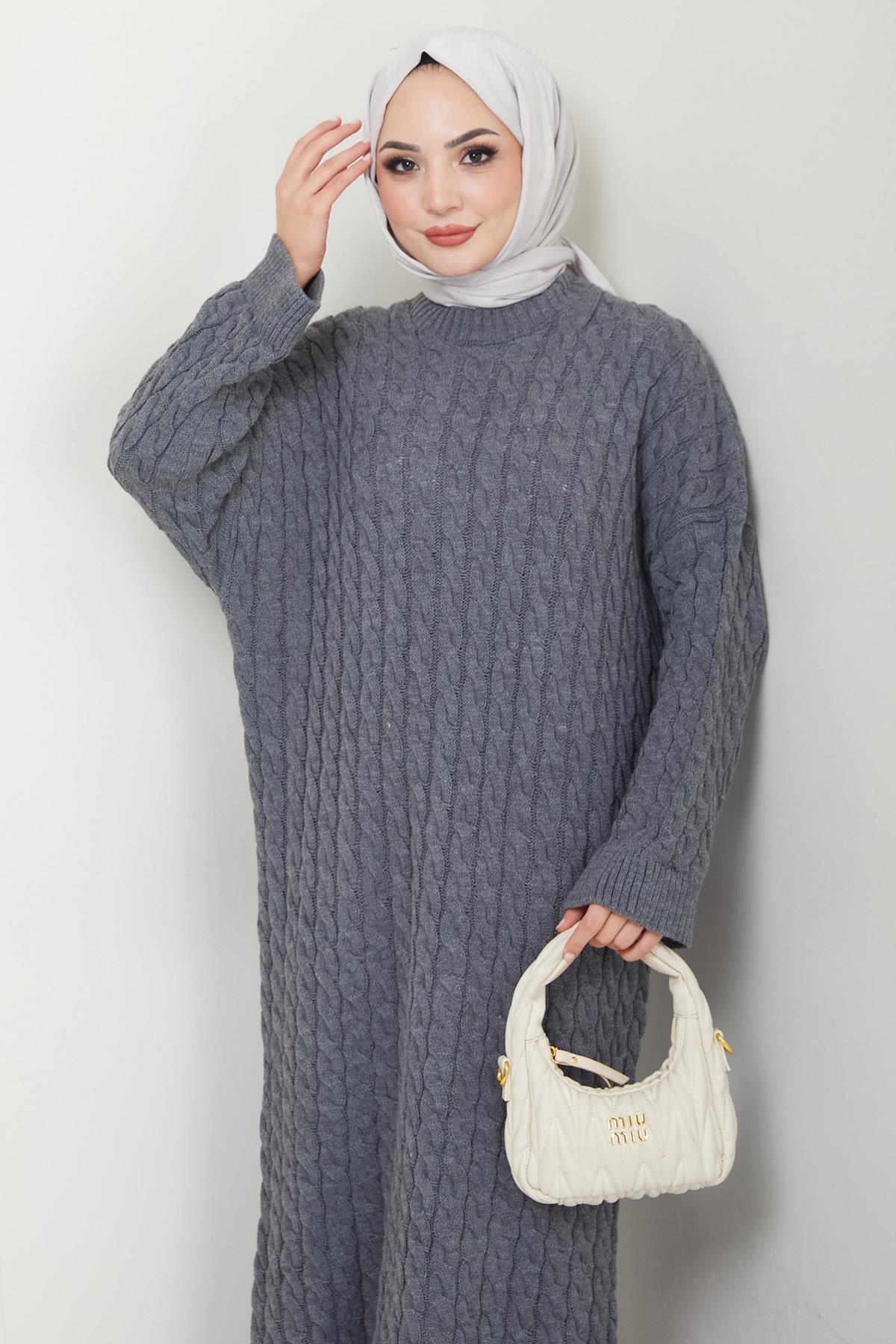 Örgü Desen Triko Elbise Füme HM2526