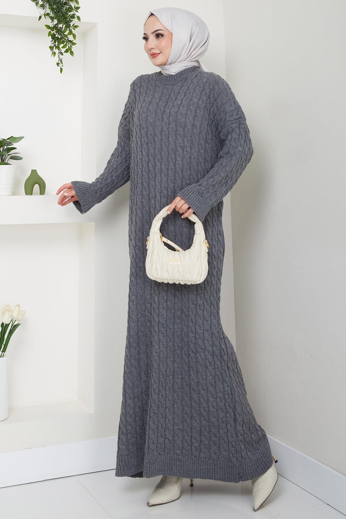 Örgü Desen Triko Elbise Füme HM2526