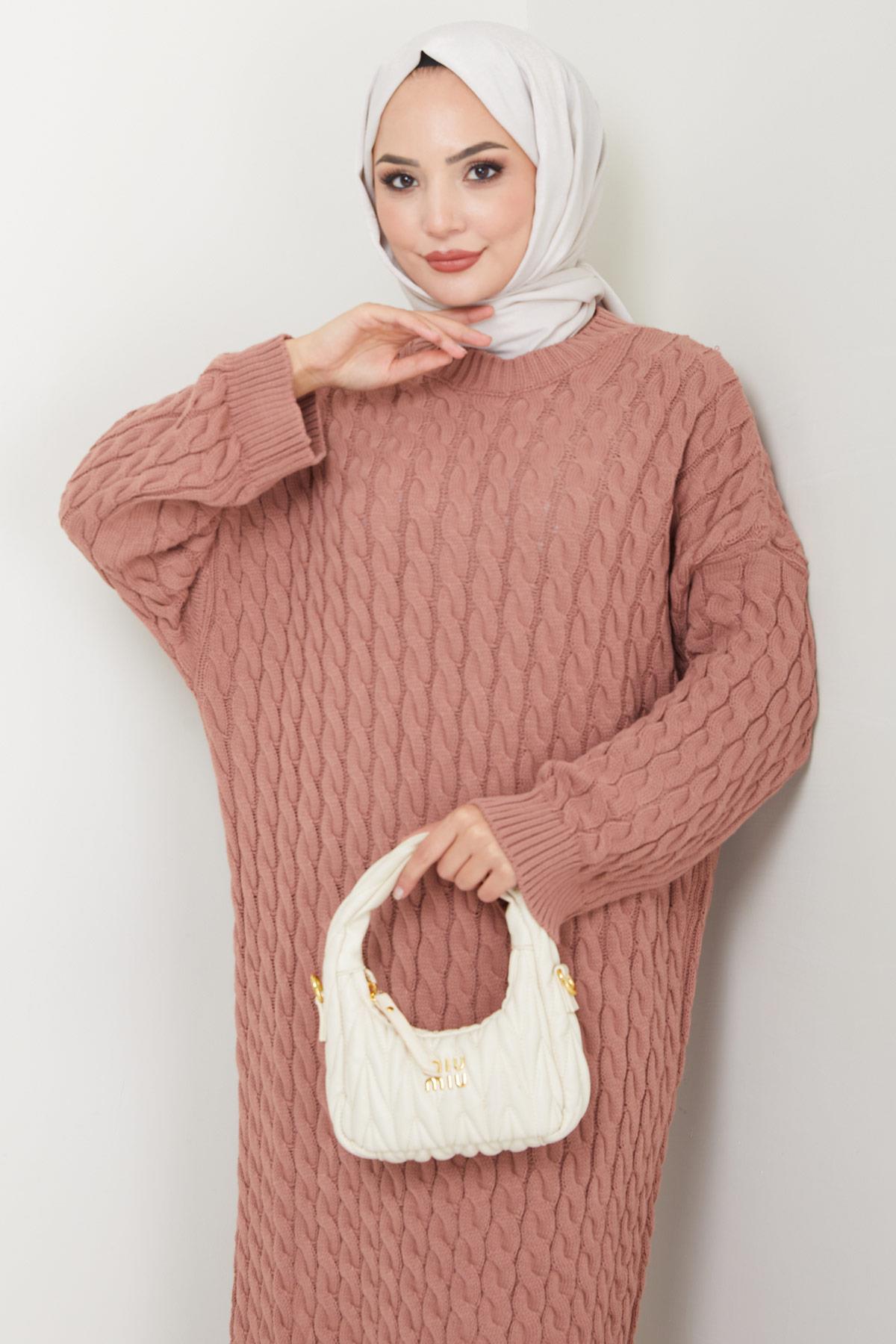 Örgü Desen Triko Elbise Gül Kurusu HM2526