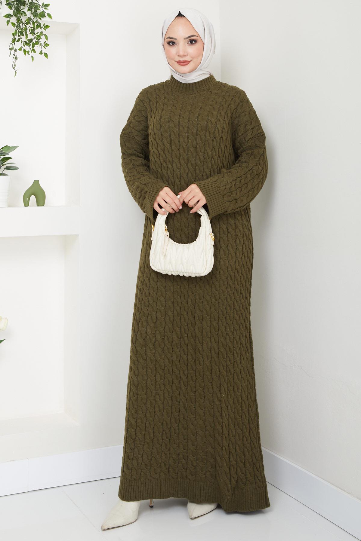 Örgü Desen Triko Elbise Haki HM2526