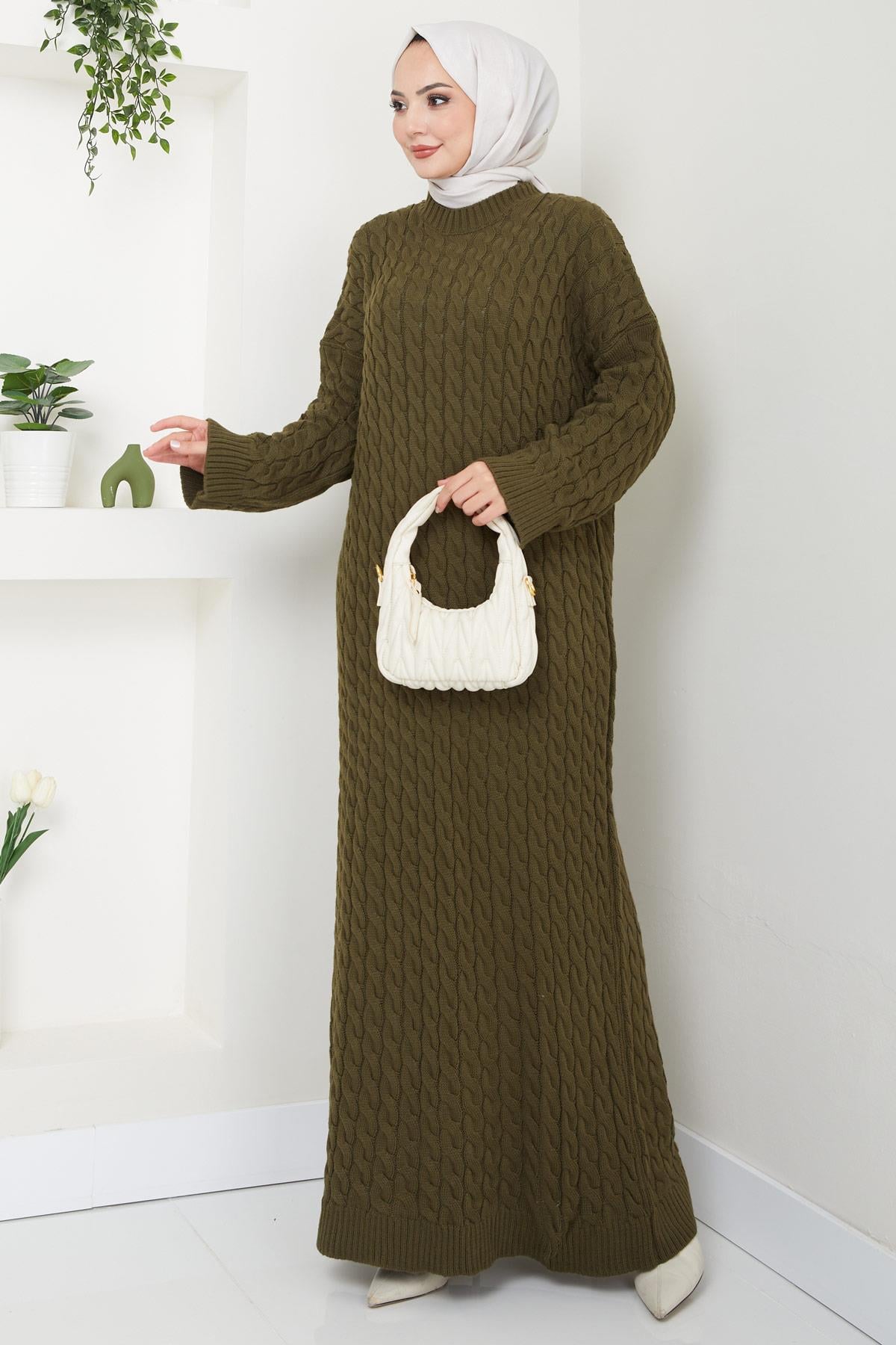 Örgü Desen Triko Elbise Haki HM2526