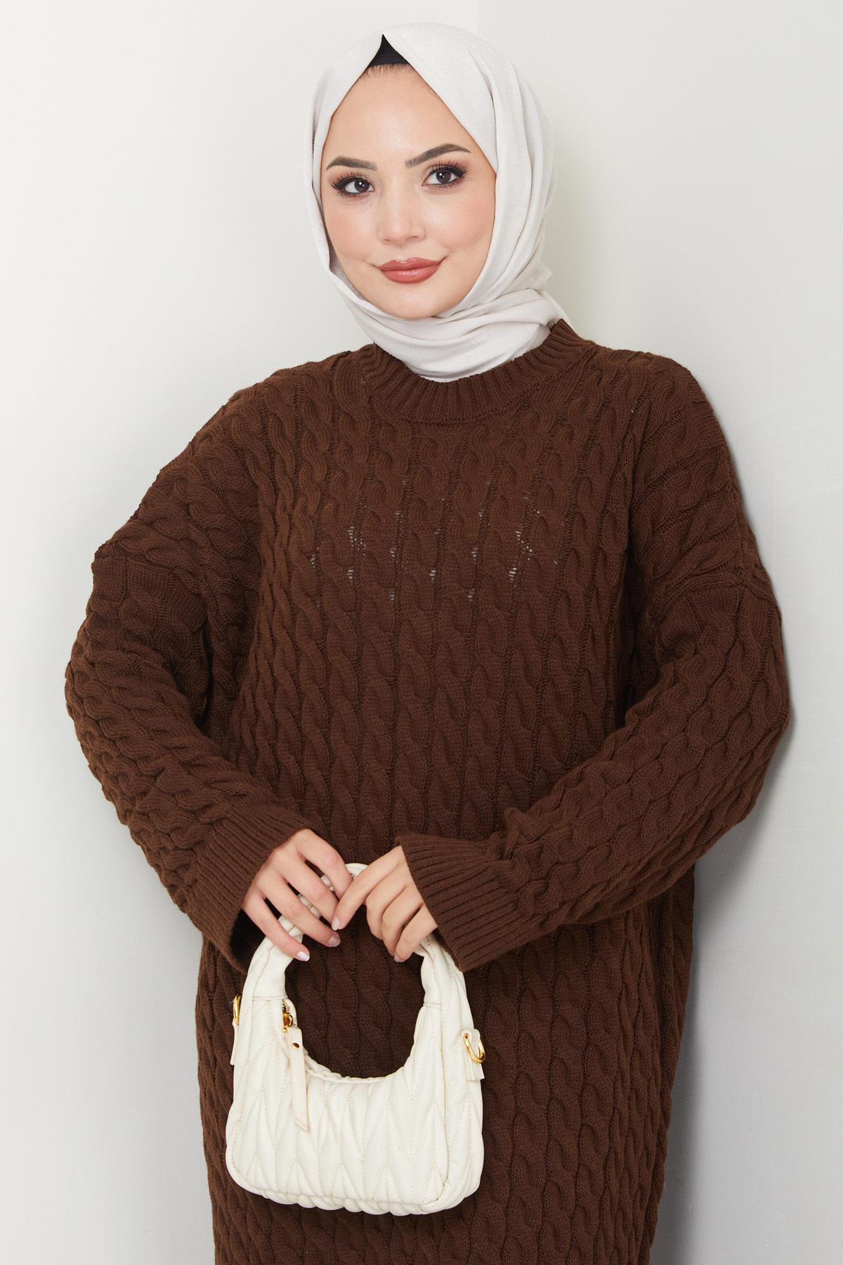 Örgü Desen Triko Elbise Kahverengi HM2526