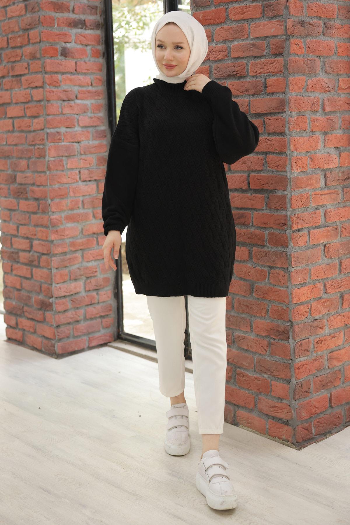 Örgü Desen Triko Tunik Siyah HM2525