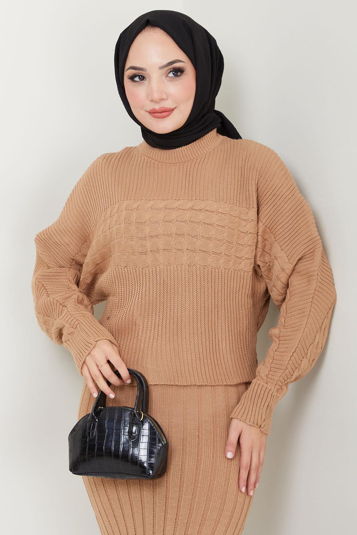 Örgü Desenli Jile Bluz Triko Takım Camel HM2559