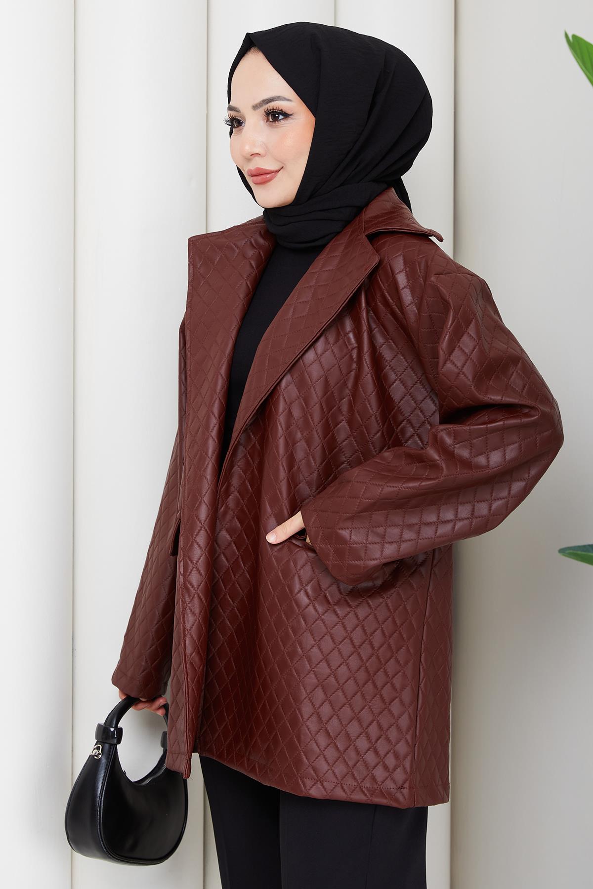 Oversize Kabartmalı Suni Deri Ceket Bordo HM2885