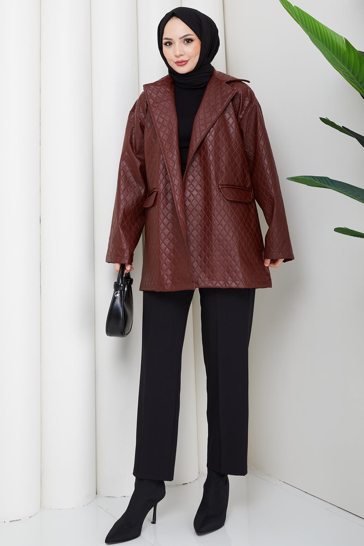 Oversize Kabartmalı Suni Deri Ceket Bordo HM2885