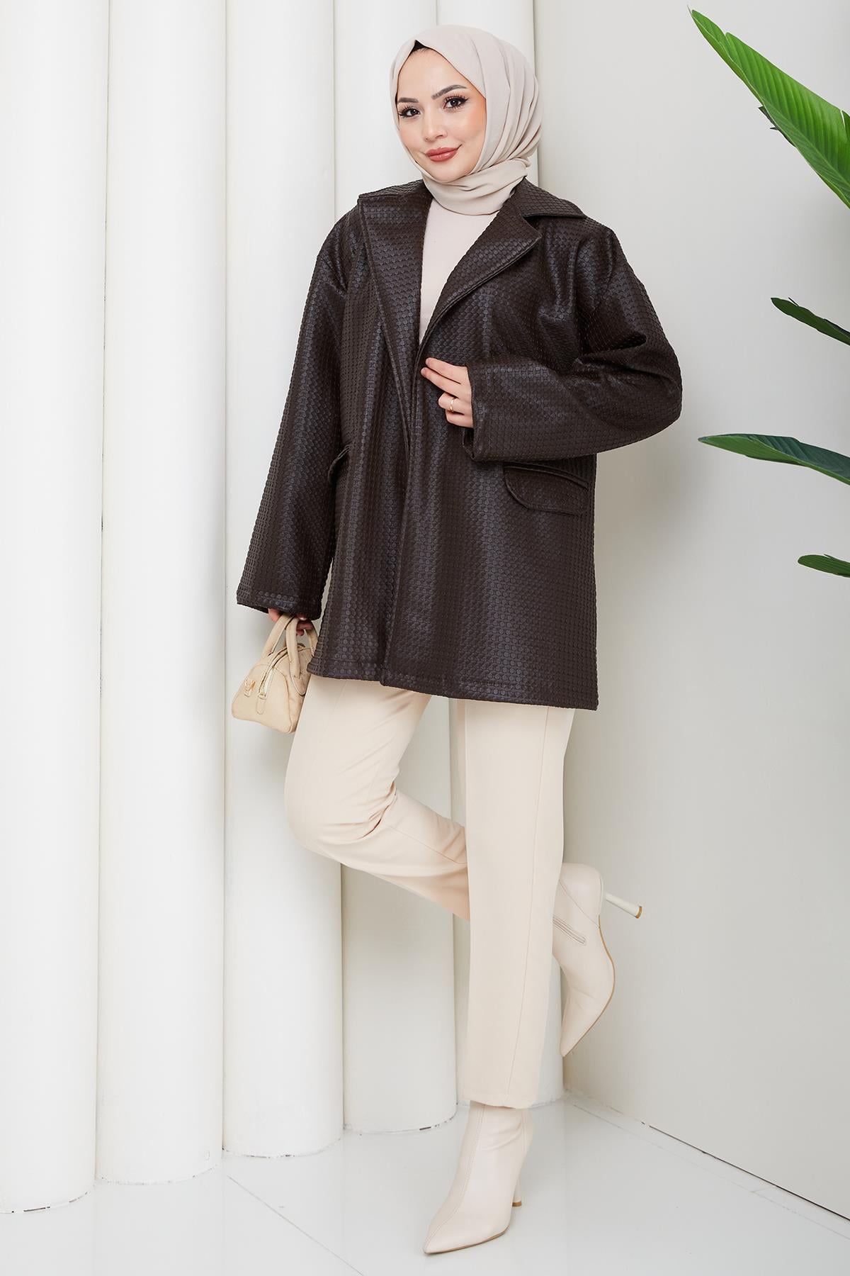 Oversize Kabartmalı Suni Deri Ceket Kahverengi HM2885