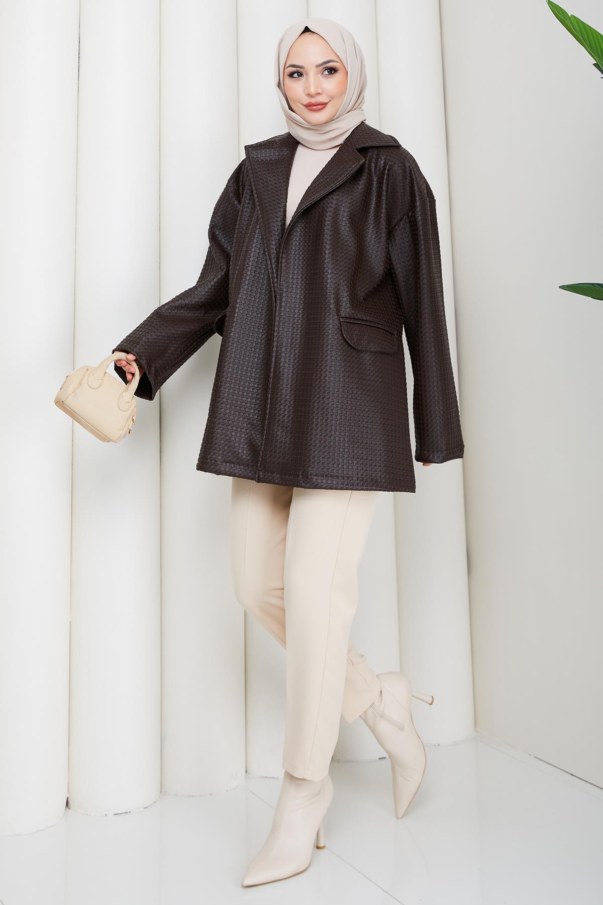 Oversize Kabartmalı Suni Deri Ceket Kahverengi HM2885