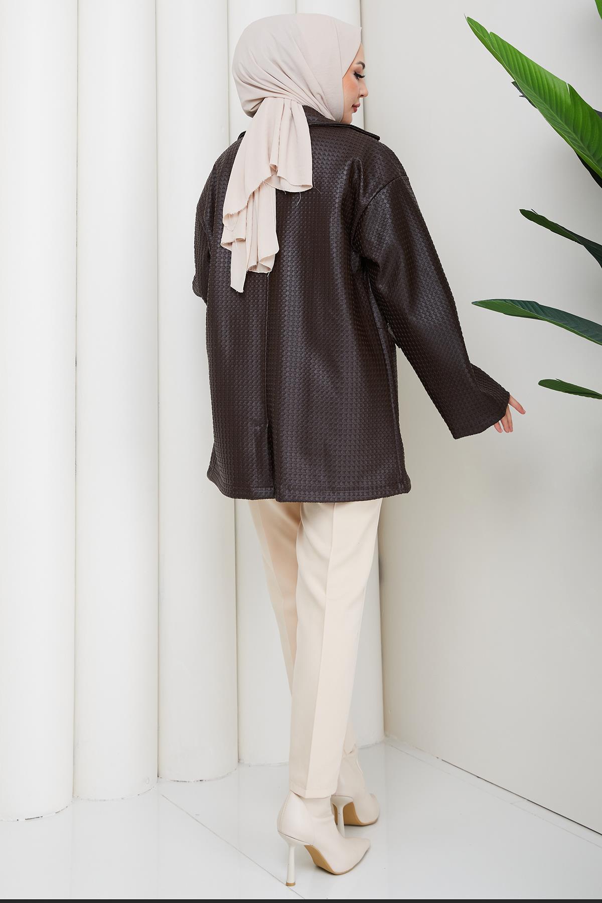 Oversize Kabartmalı Suni Deri Ceket Kahverengi HM2885