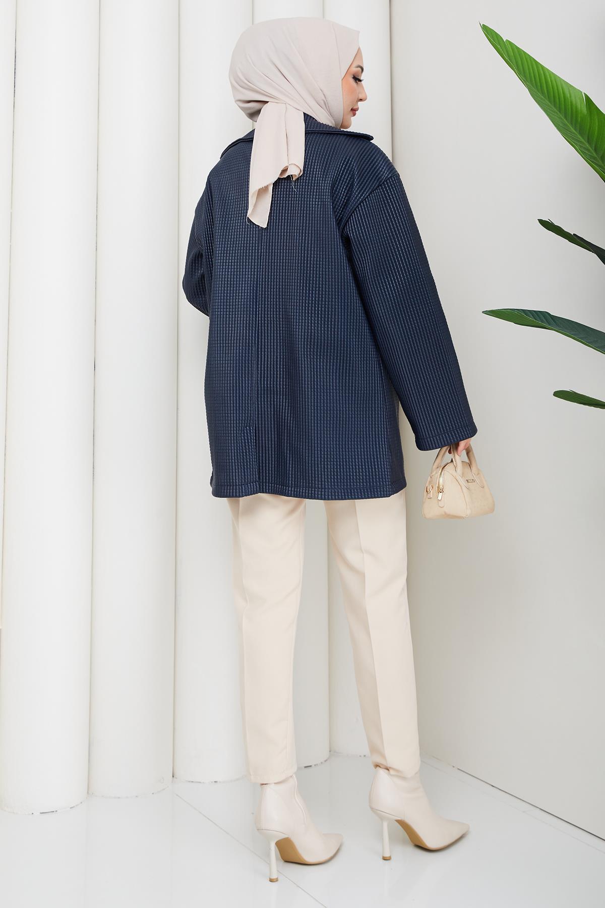 Oversize Kabartmalı Suni Deri Ceket Lacivert HM2885