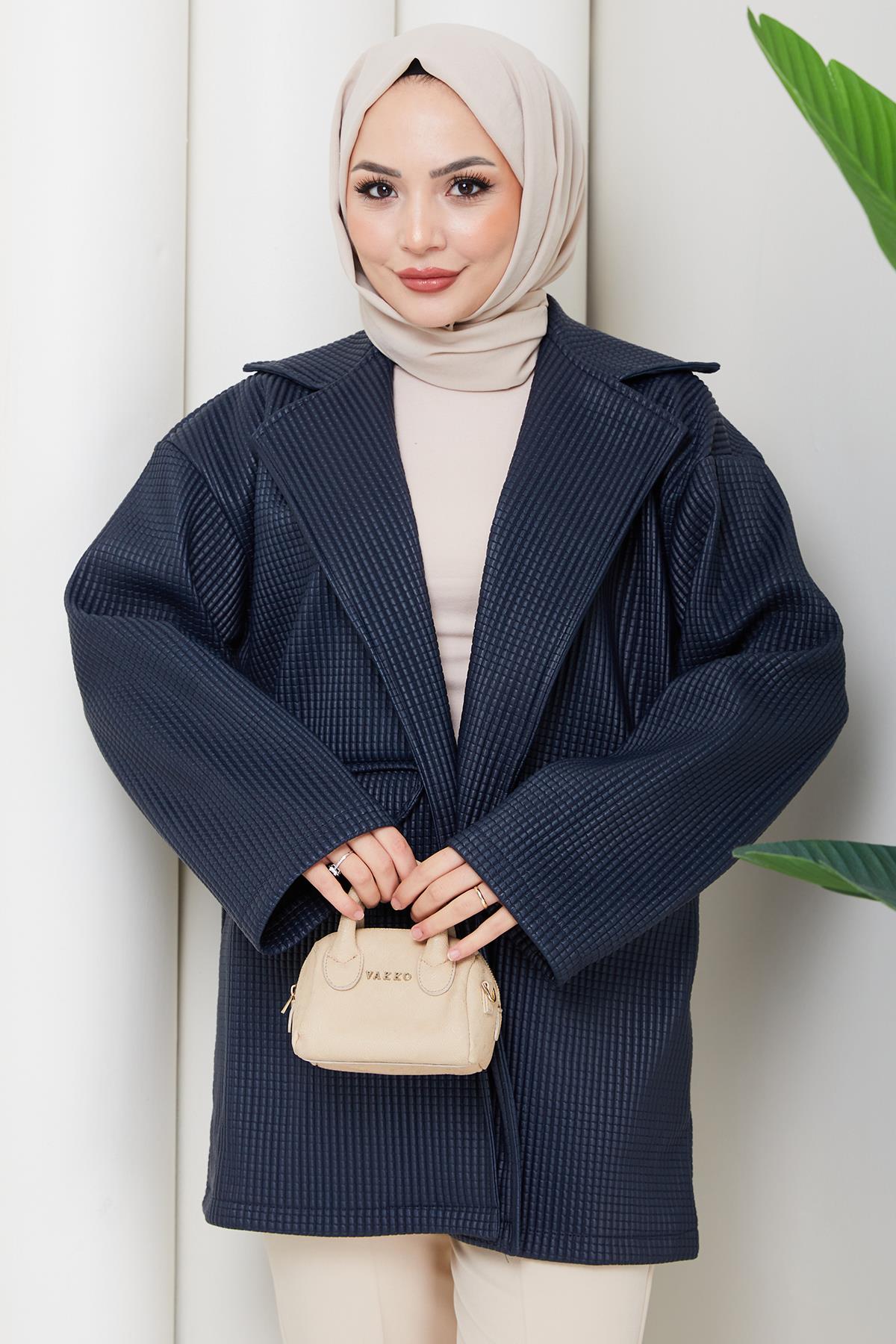 Oversize Kabartmalı Suni Deri Ceket Lacivert HM2885