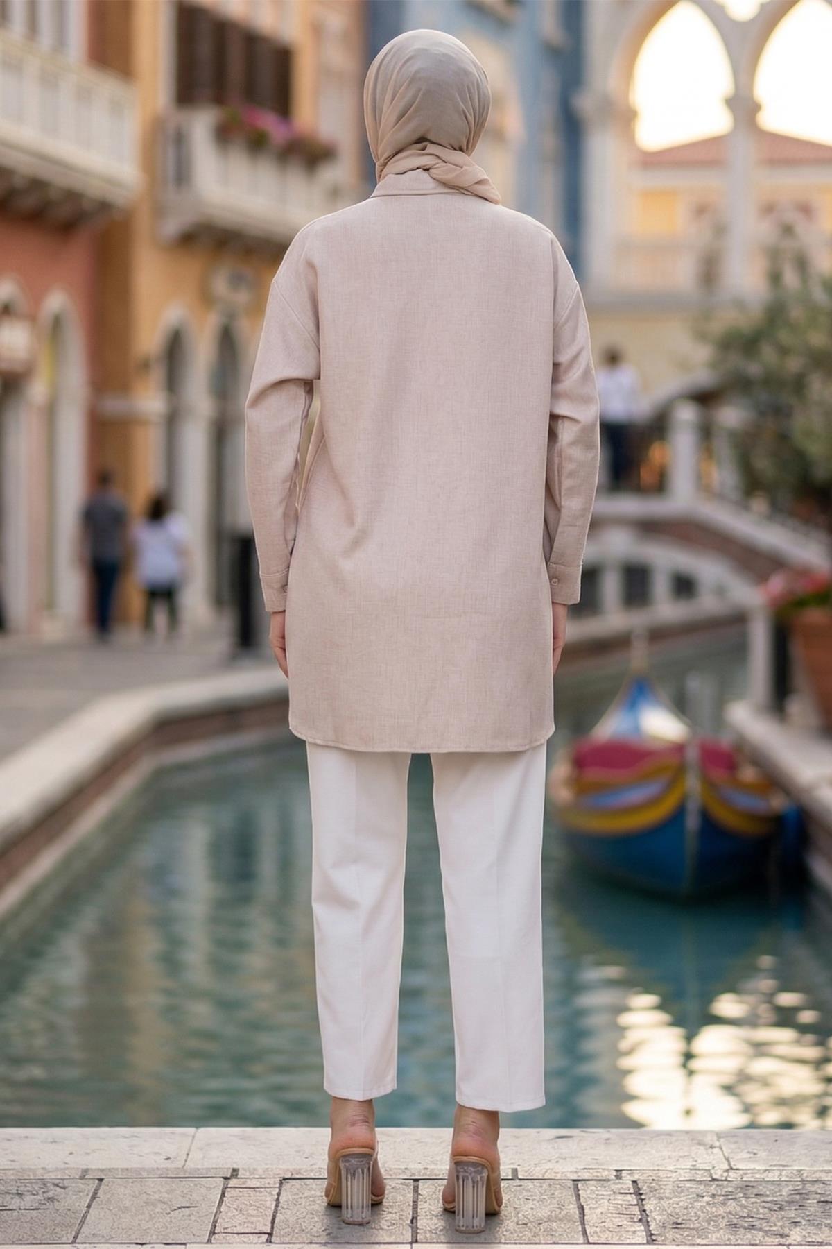 Oversize Keten Gömlek Bej HM2904