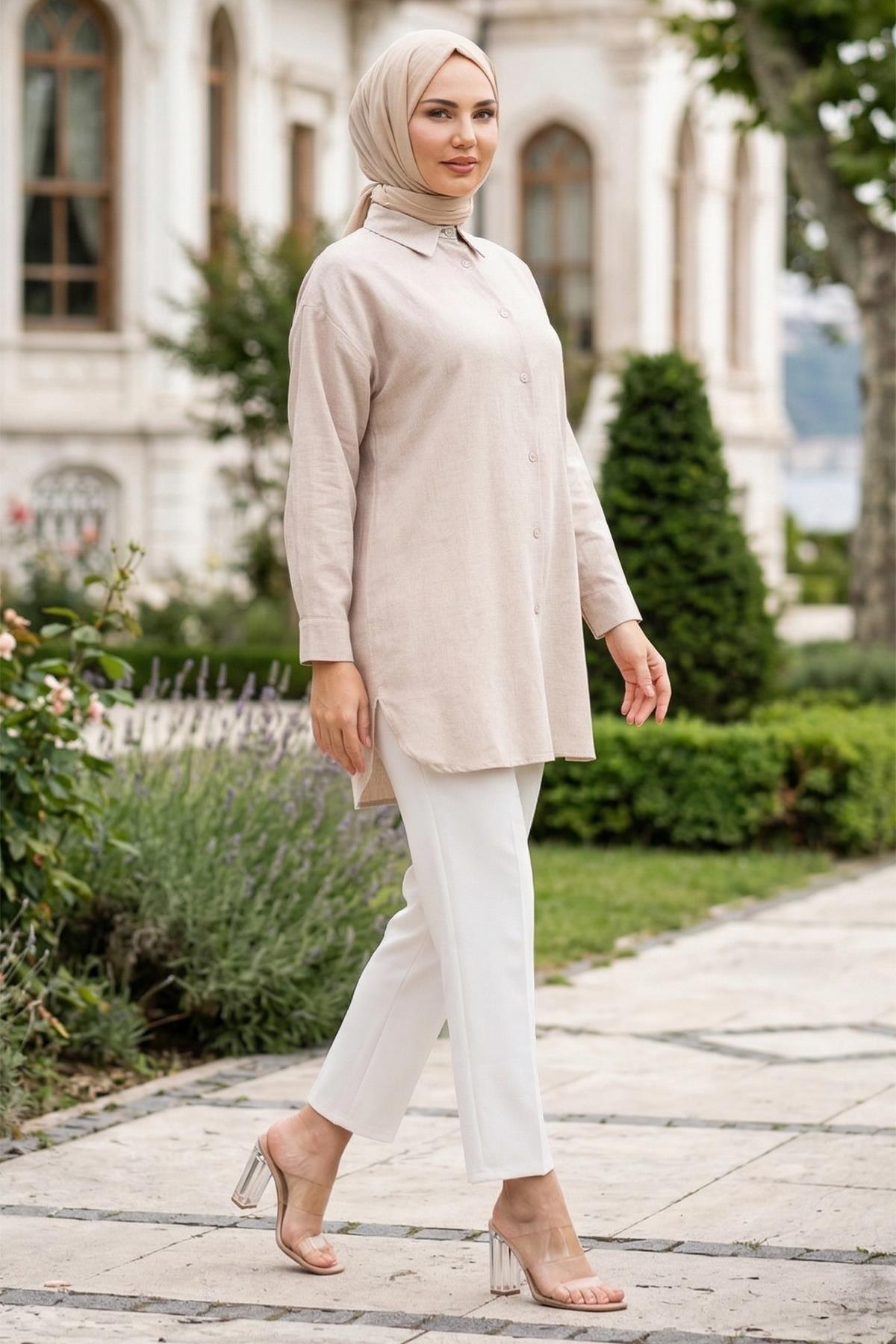 Oversize Keten Gömlek Bej HM2904