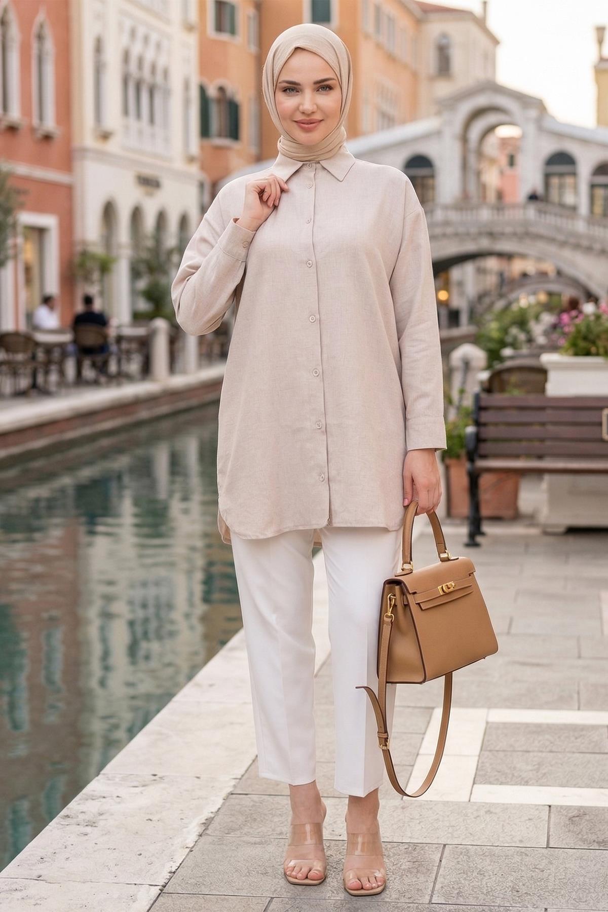 Oversize Keten Gömlek Bej HM2904