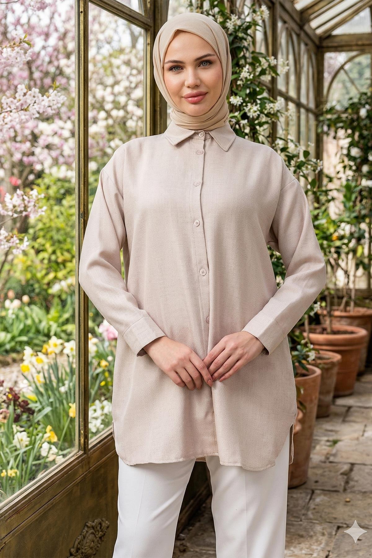 Oversize Keten Gömlek Bej HM2904