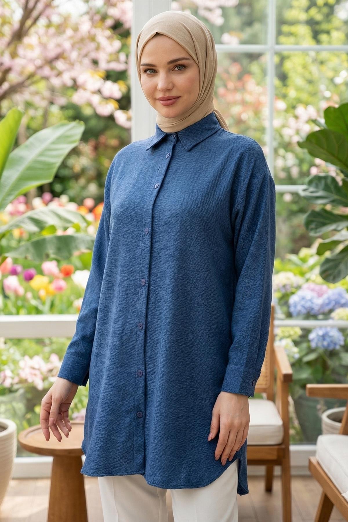 Oversize Keten Gömlek Mavi HM2904