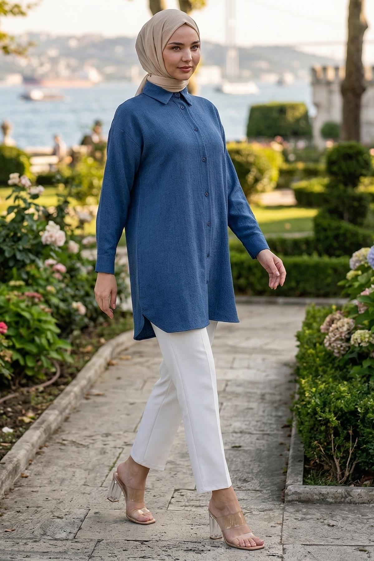 Oversize Keten Gömlek Mavi HM2904