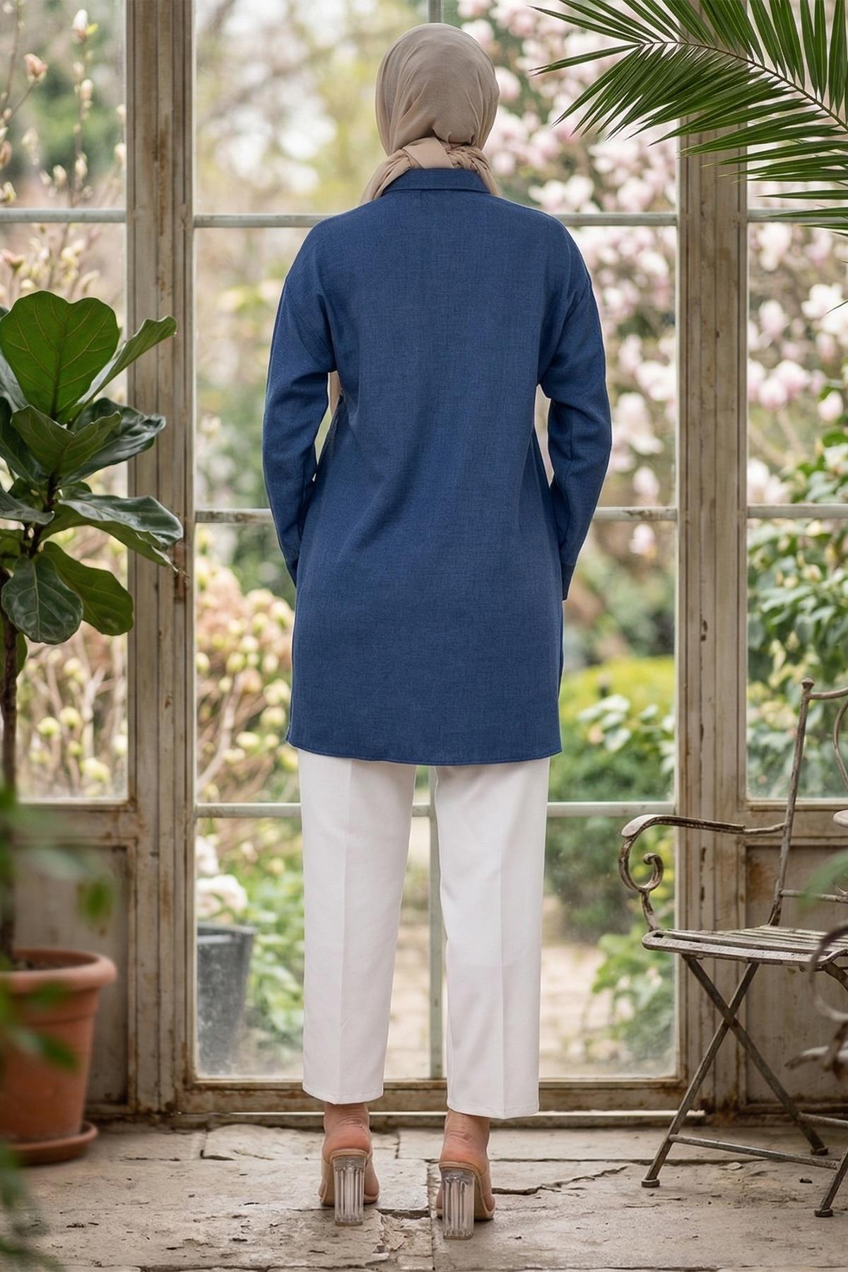 Oversize Keten Gömlek Mavi HM2904