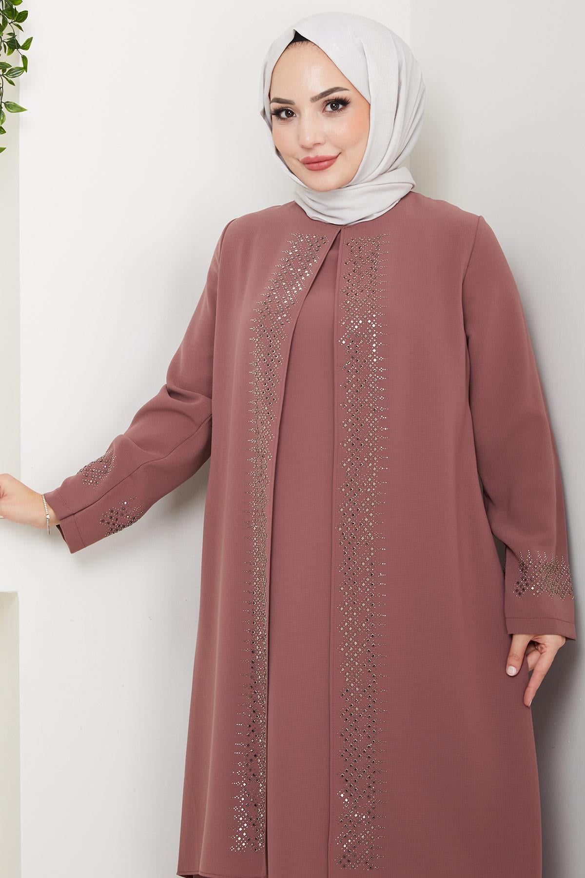 Parlak Taşlı Büyük Beden Anne Elbisesi Kiremit HM2856